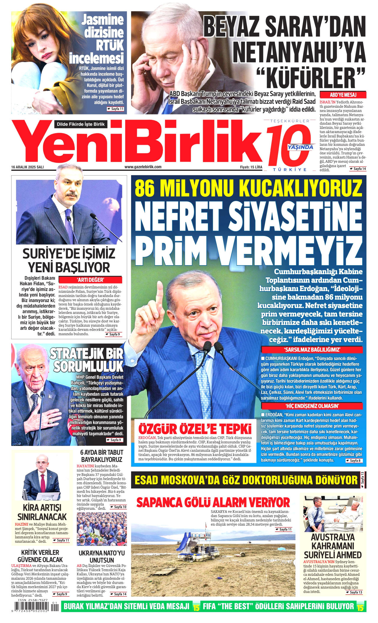 YENİBİRLİK gazetesinin 16 Aralık 2025 tarihli birinci sayfası