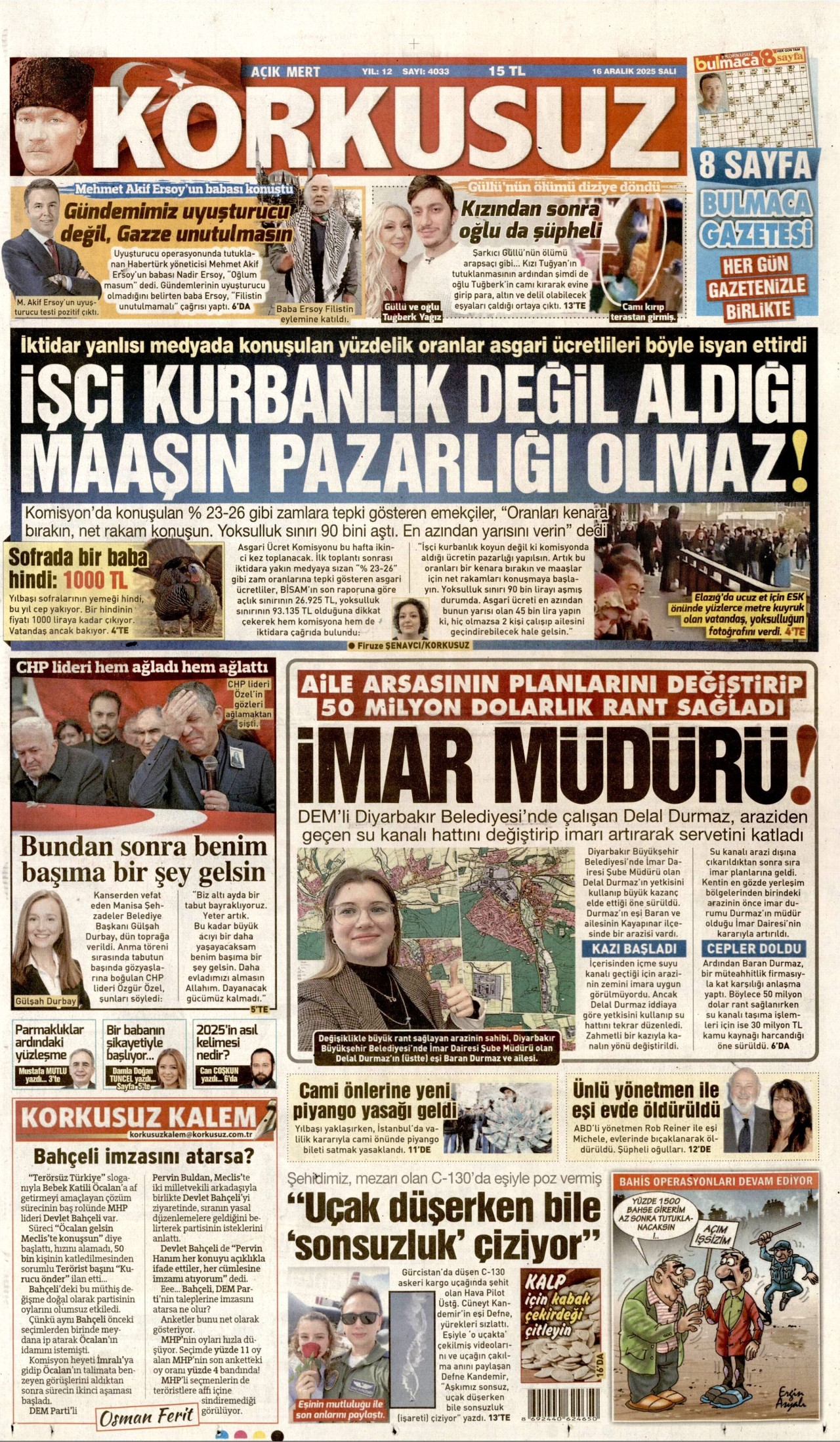 KORKUSUZ gazetesinin 16 Aralık 2025 tarihli birinci sayfası