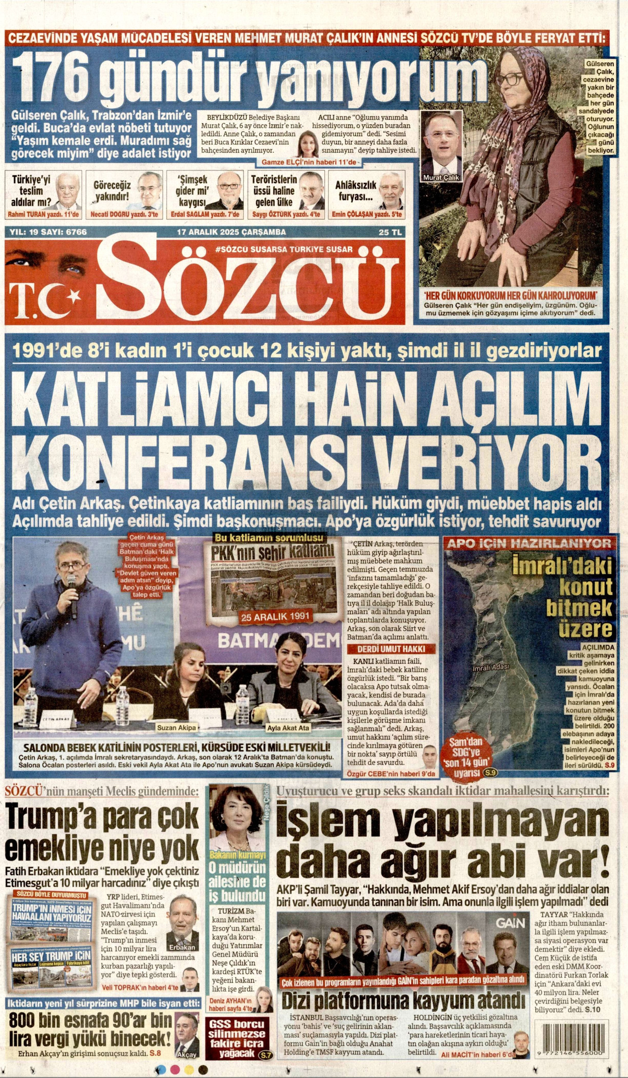 SÖZCÜ gazetesinin 17 Aralık 2025 tarihli birinci sayfası