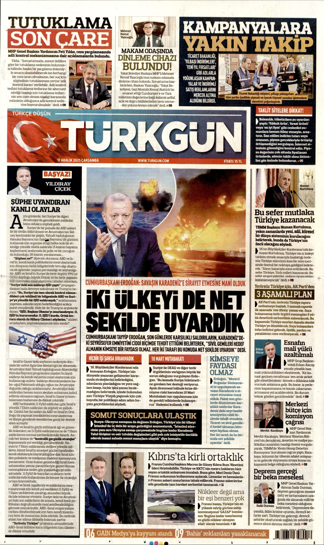 TÜRKGÜN gazetesinin 17 Aralık 2025 tarihli birinci sayfası