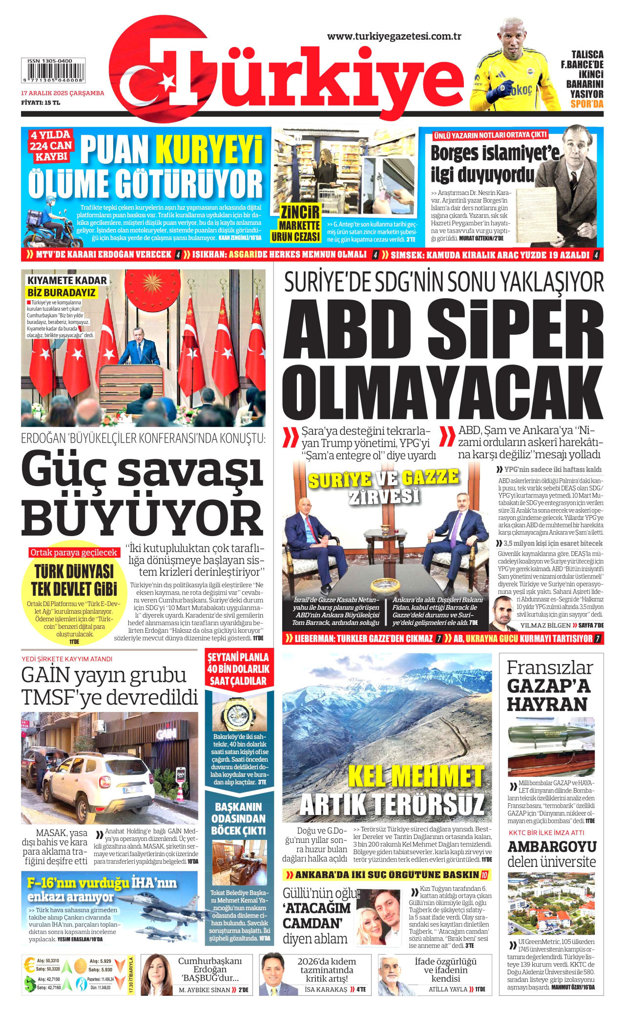 TÜRKİYE GAZETESİ gazetesinin 17 Aralık 2025 tarihli birinci sayfası
