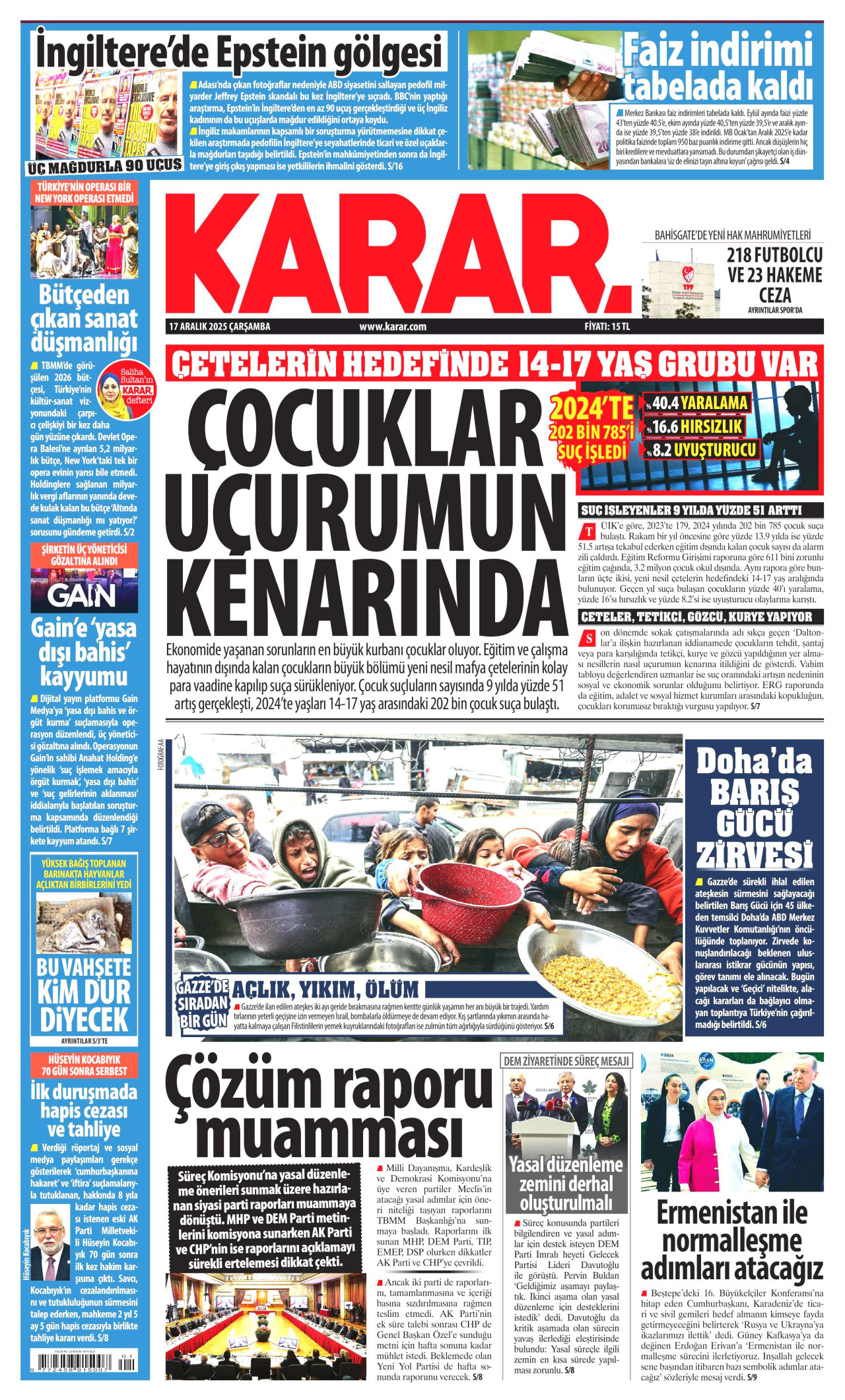 KARAR gazetesinin 17 Aralık 2025 tarihli birinci sayfası
