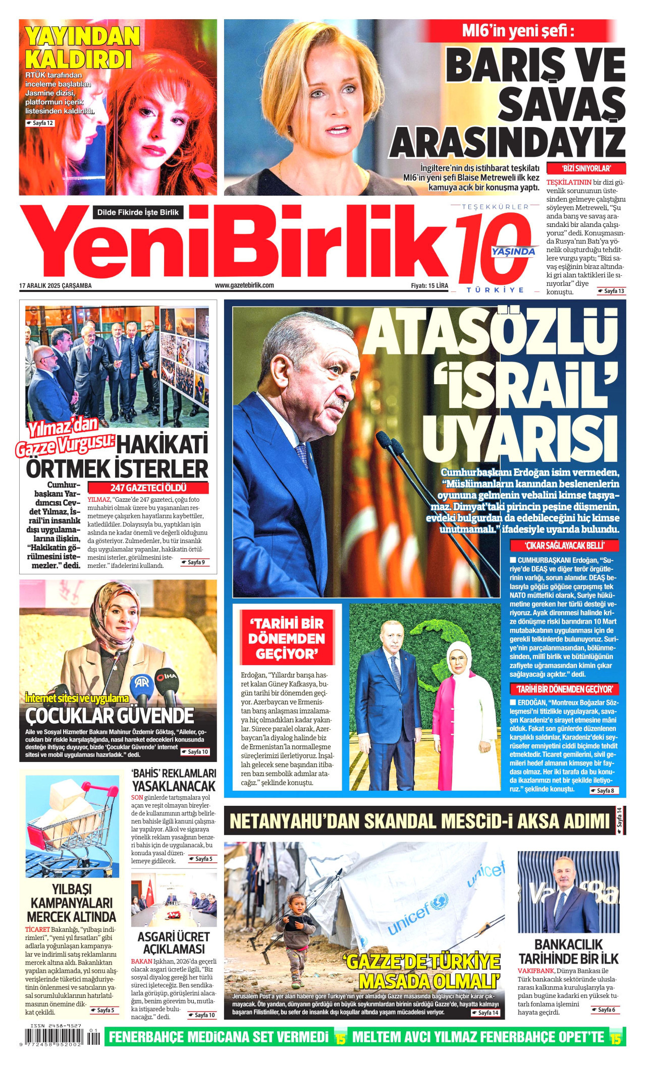YENİBİRLİK gazetesinin 17 Aralık 2025 tarihli birinci sayfası