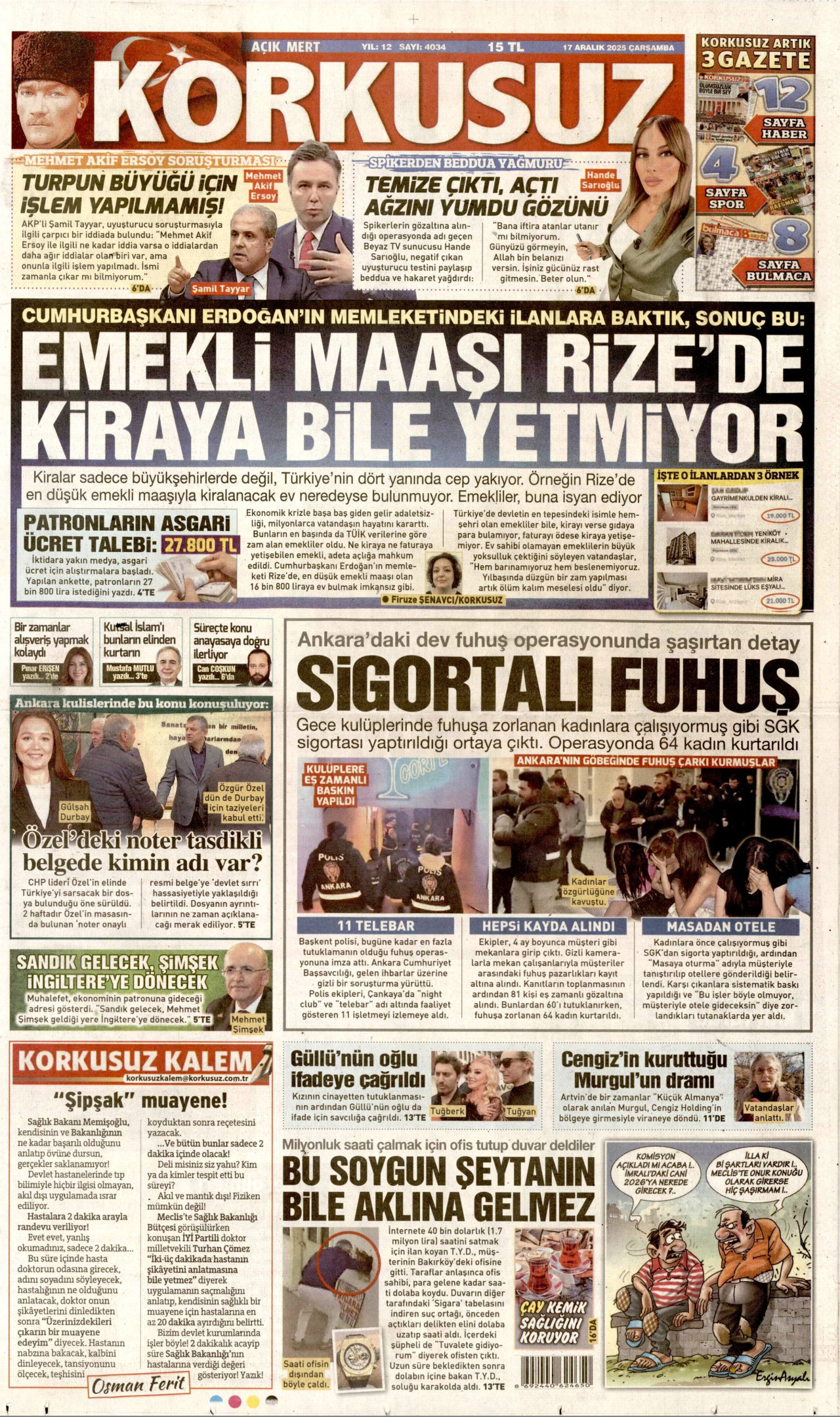KORKUSUZ gazetesinin 17 Aralık 2025 tarihli birinci sayfası