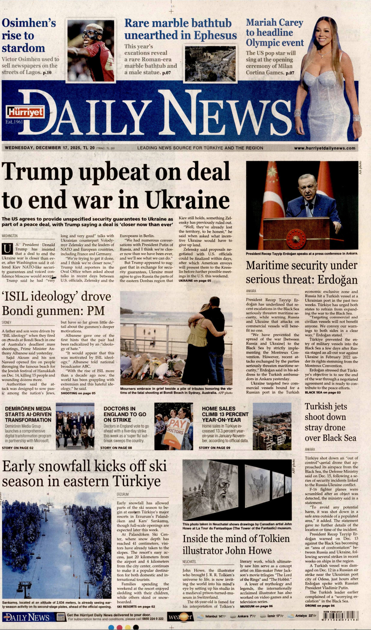 HÜRRİYET DAİLY NEWS gazetesinin 17 Aralık 2025 tarihli birinci sayfası