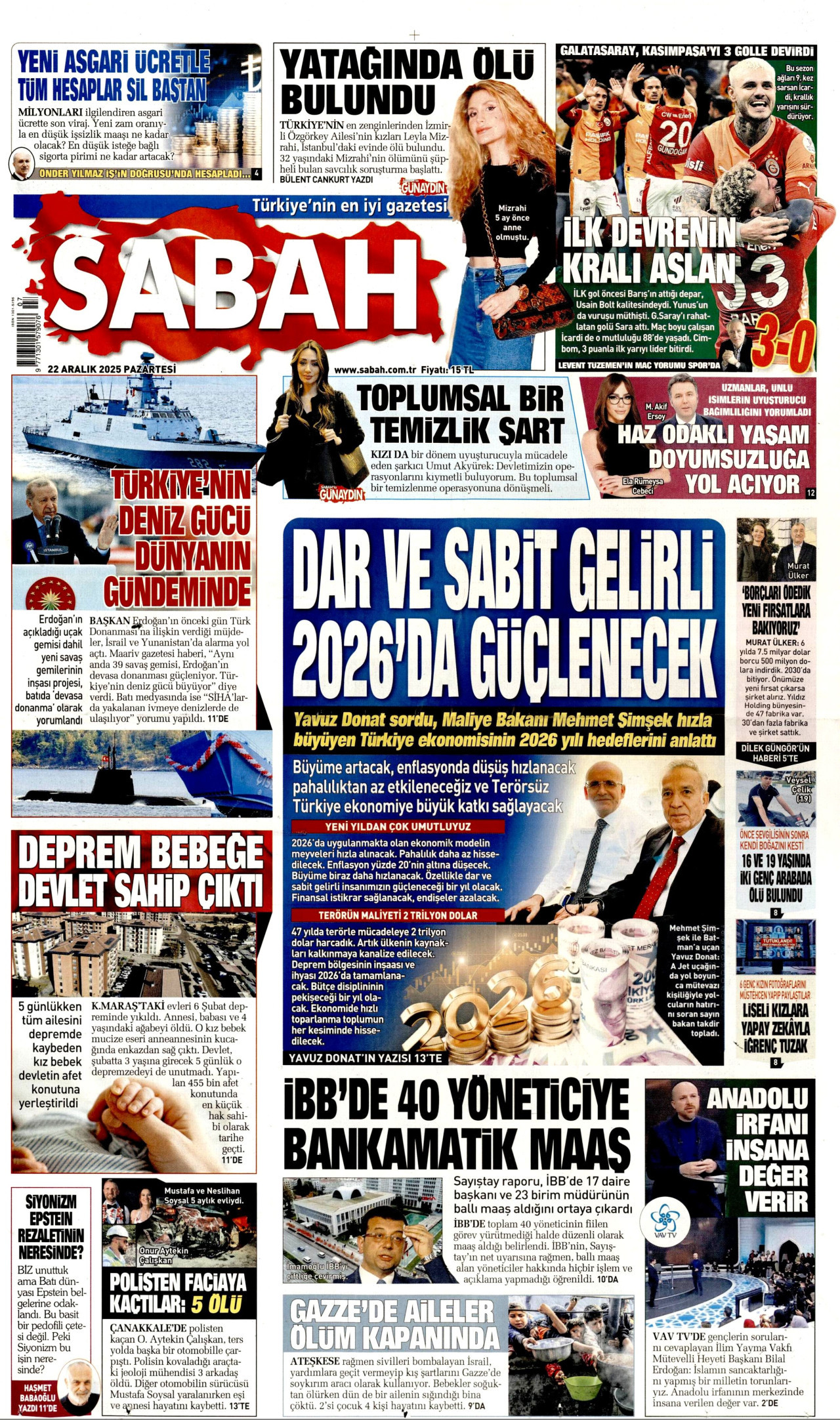SABAH gazetesinin 22 Aralık 2025 tarihli birinci sayfası