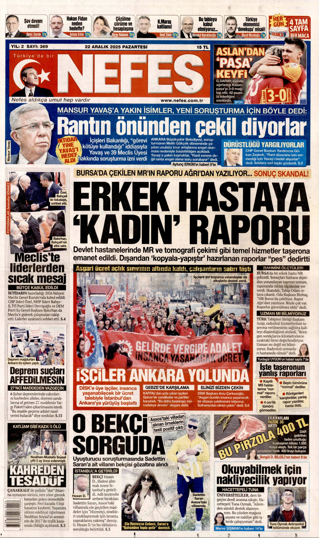 NEFES gazetesinin 22 Aralık 2025 tarihli birinci sayfası