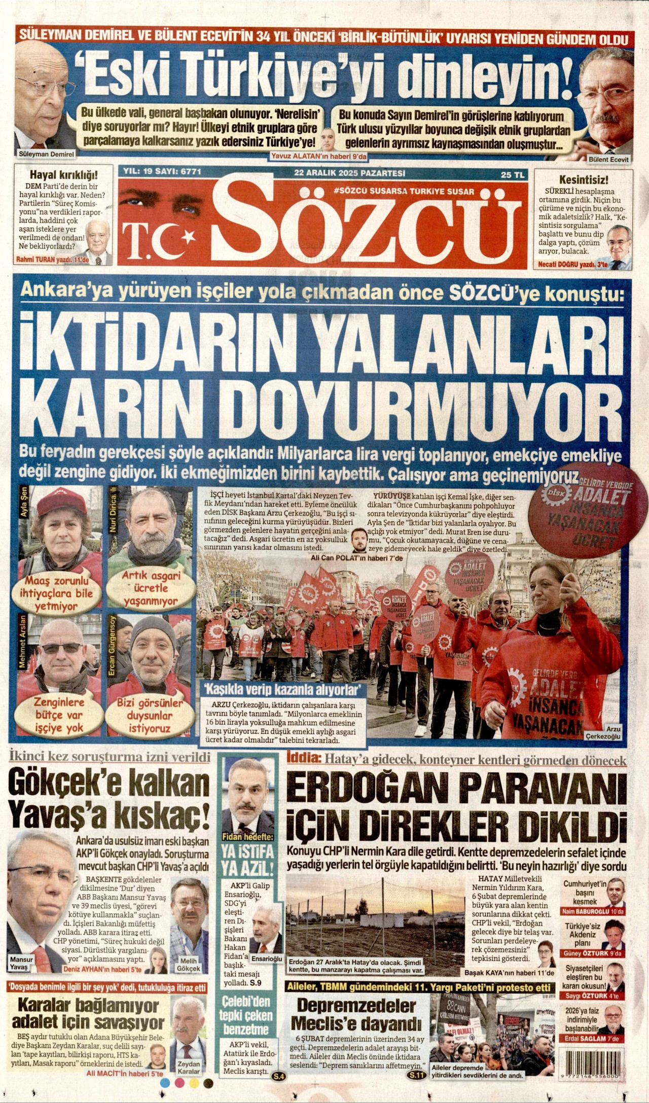 SÖZCÜ gazetesinin 22 Aralık 2025 tarihli birinci sayfası