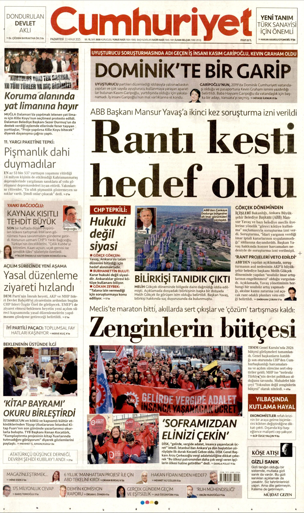 CUMHURİYET gazetesinin 22 Aralık 2025 tarihli birinci sayfası