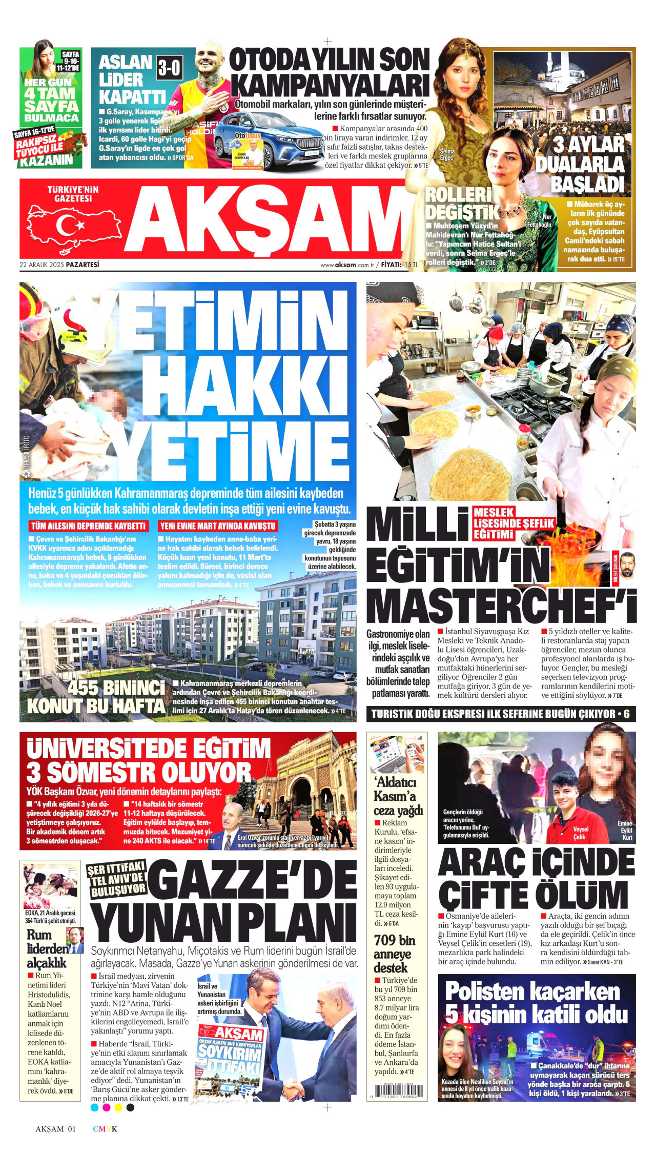 AKŞAM gazetesinin 22 Aralık 2025 tarihli birinci sayfası