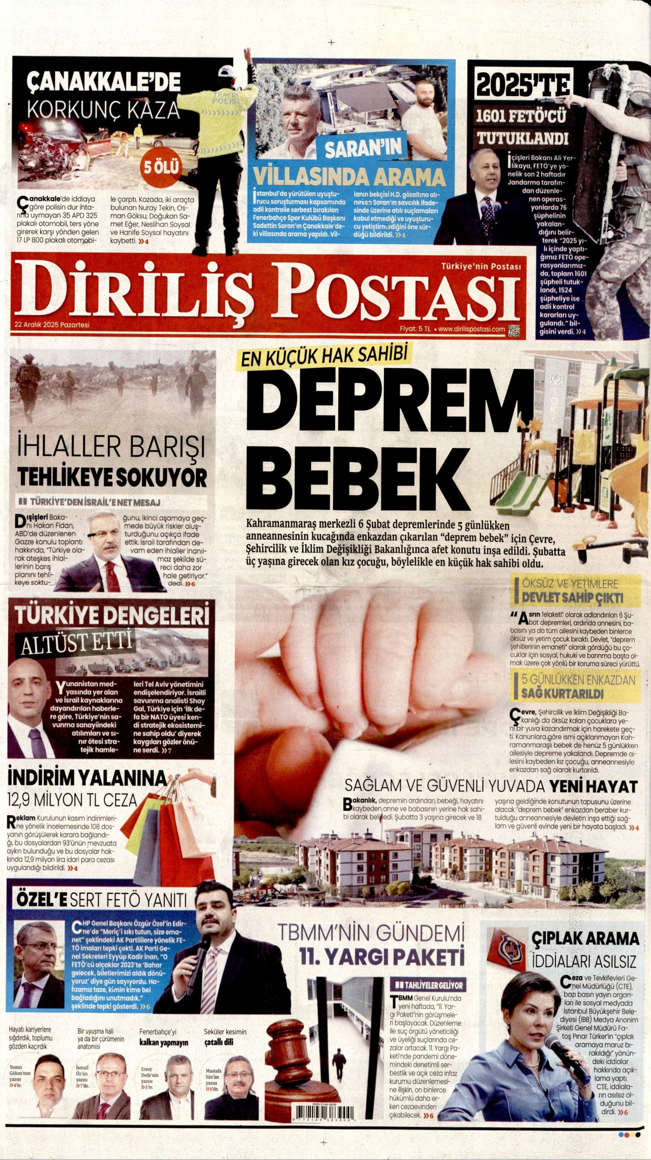 DİRİLİŞ POSTASI gazetesinin 22 Aralık 2025 tarihli birinci sayfası