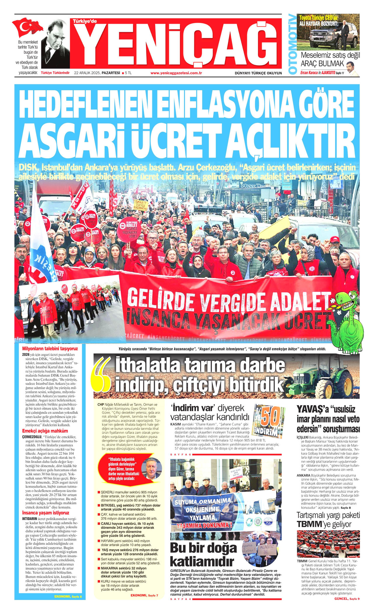 YENİÇAĞ gazetesinin 22 Aralık 2025 tarihli birinci sayfası