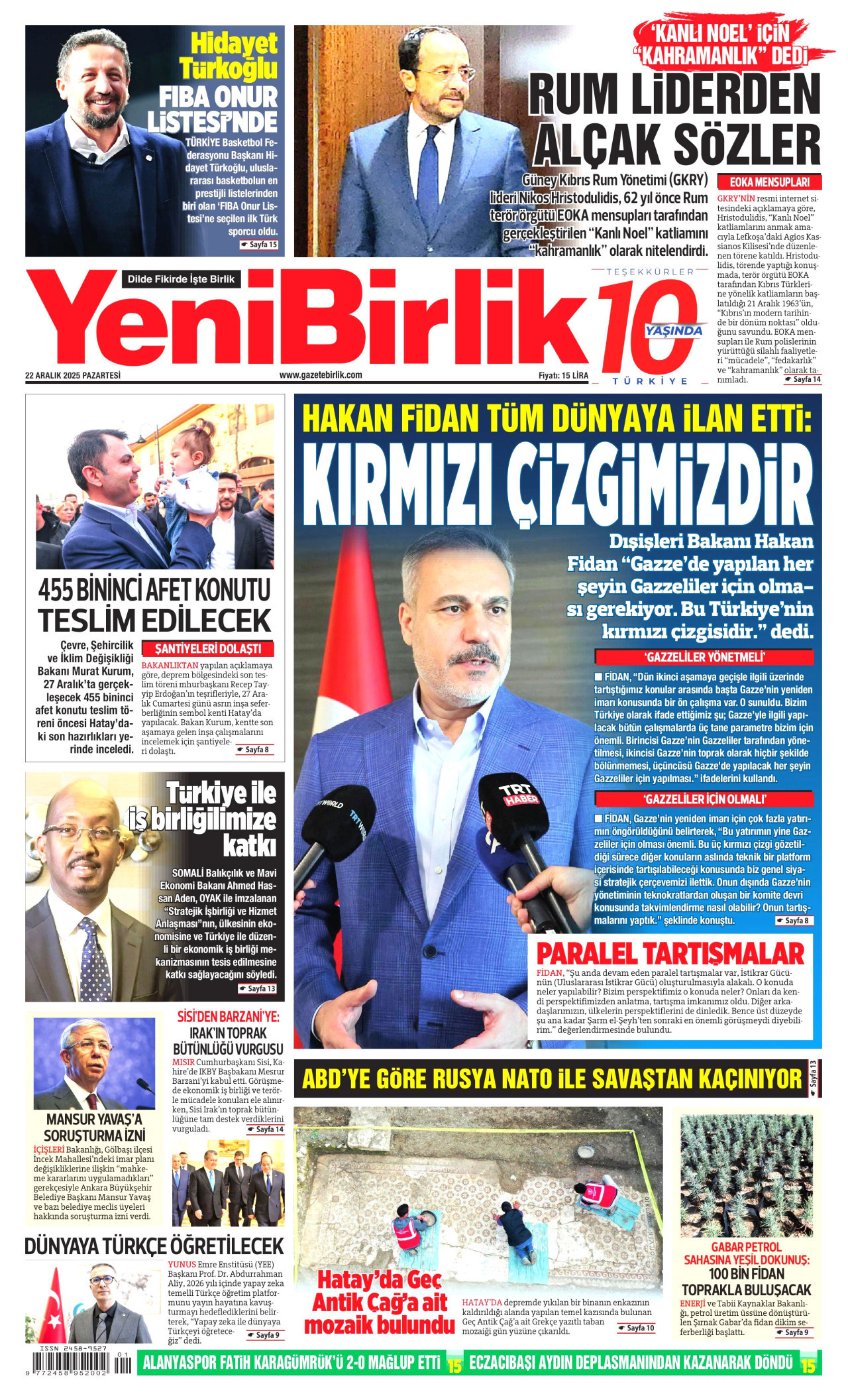YENİBİRLİK gazetesinin 22 Aralık 2025 tarihli birinci sayfası