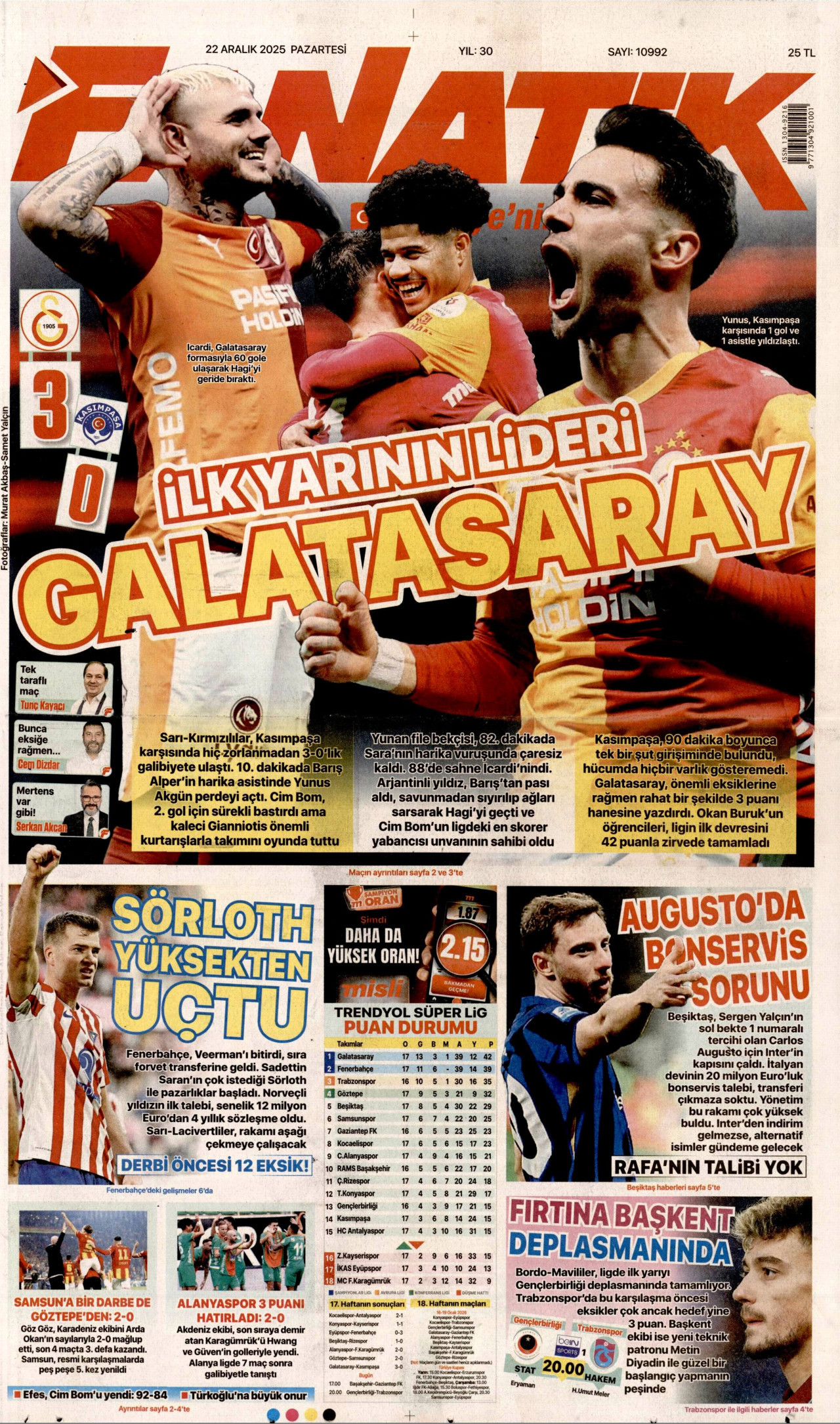 FANATİK gazetesinin 22 Aralık 2025 tarihli birinci sayfası