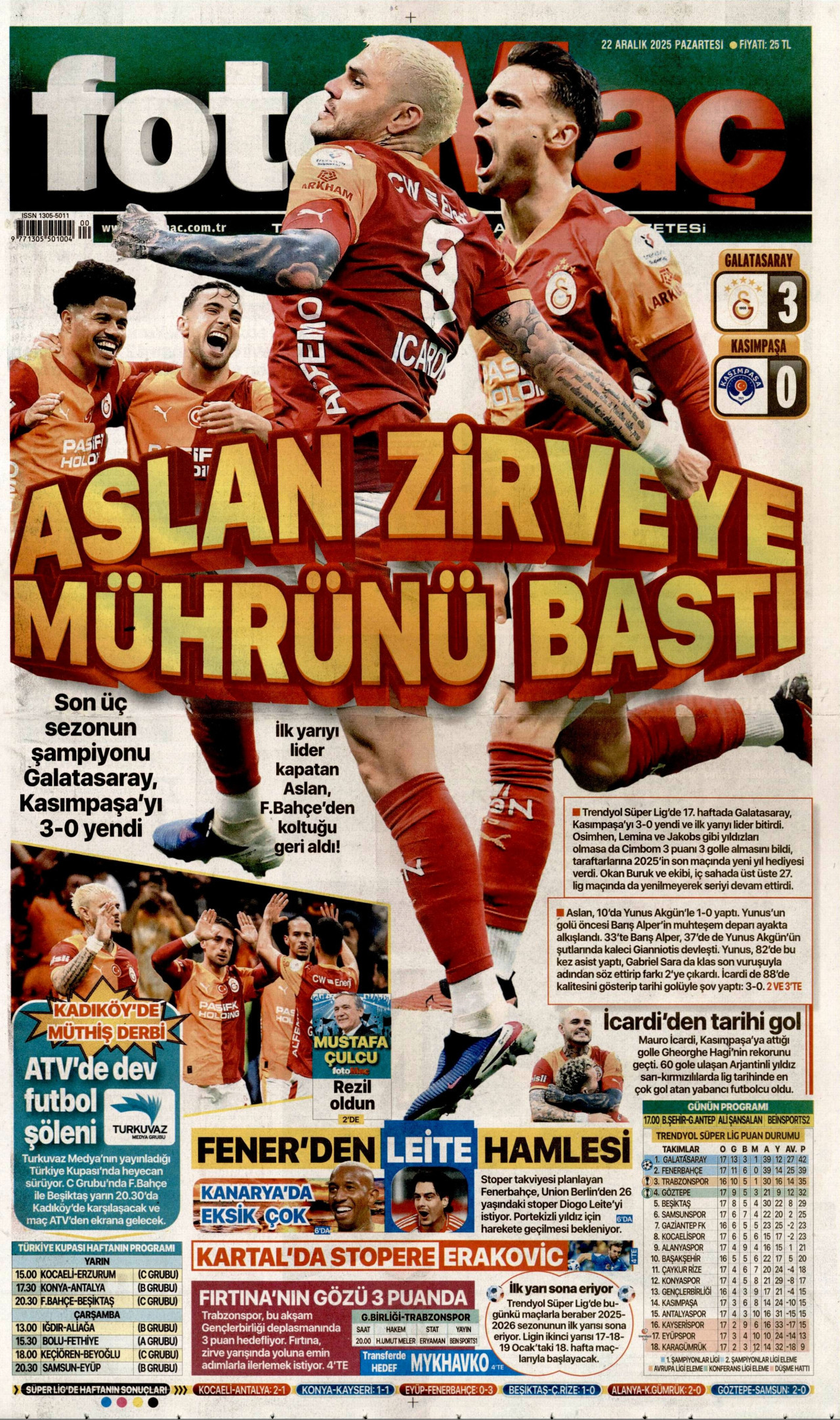 FOTOMAÇ gazetesinin 22 Aralık 2025 tarihli birinci sayfası