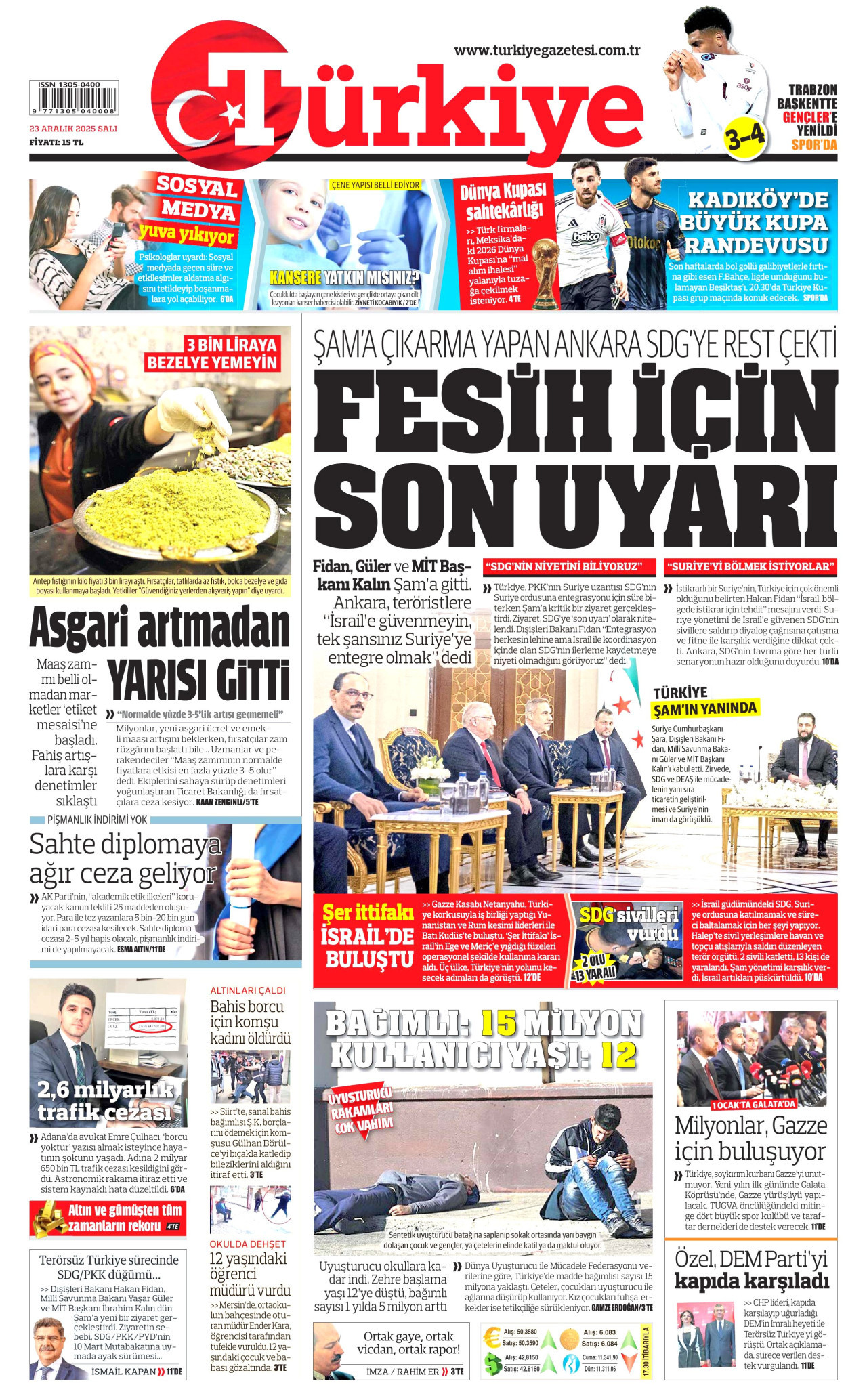 TÜRKİYE GAZETESİ gazetesinin 23 Aralık 2025 tarihli birinci sayfası