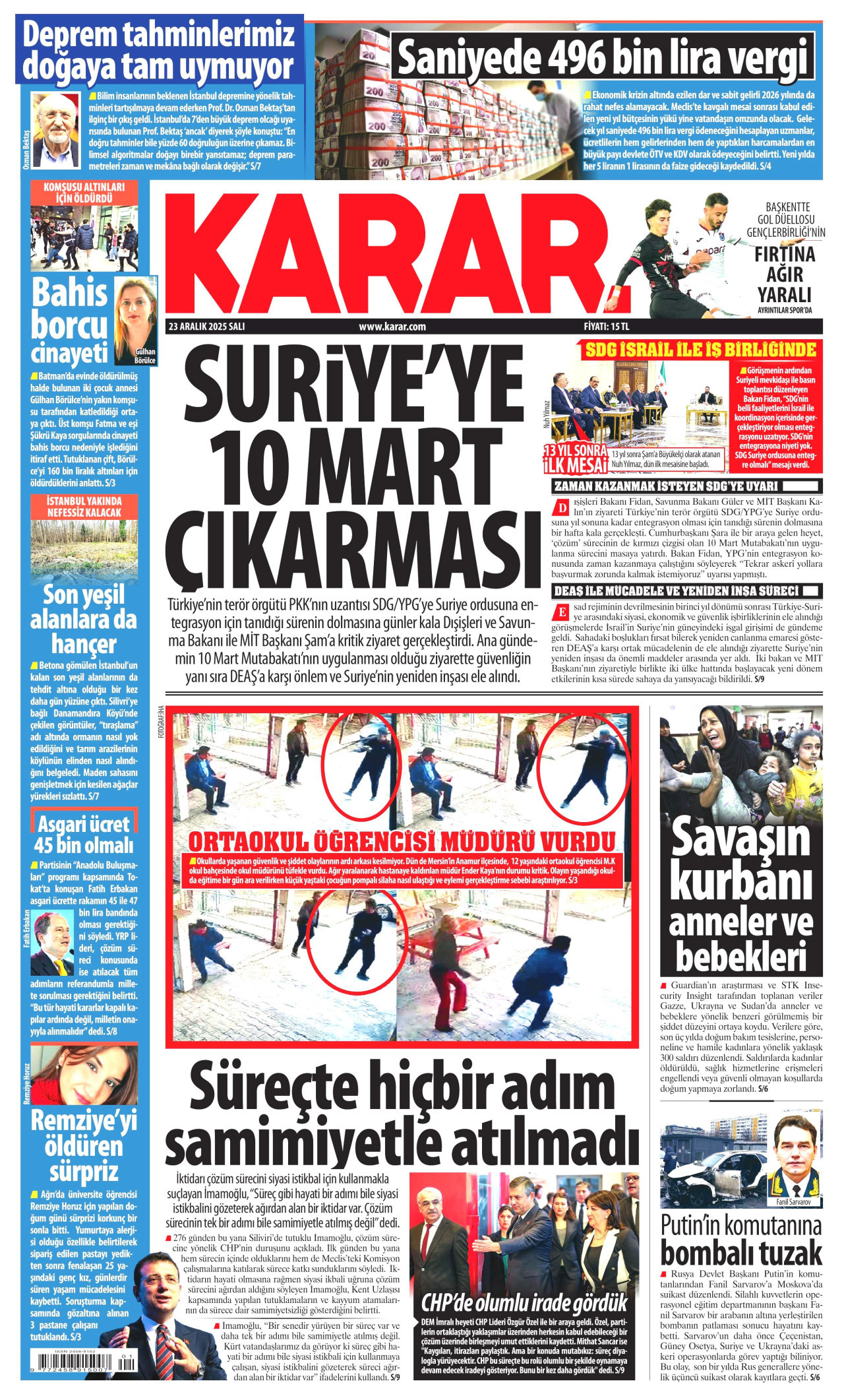 KARAR gazetesinin 23 Aralık 2025 tarihli birinci sayfası