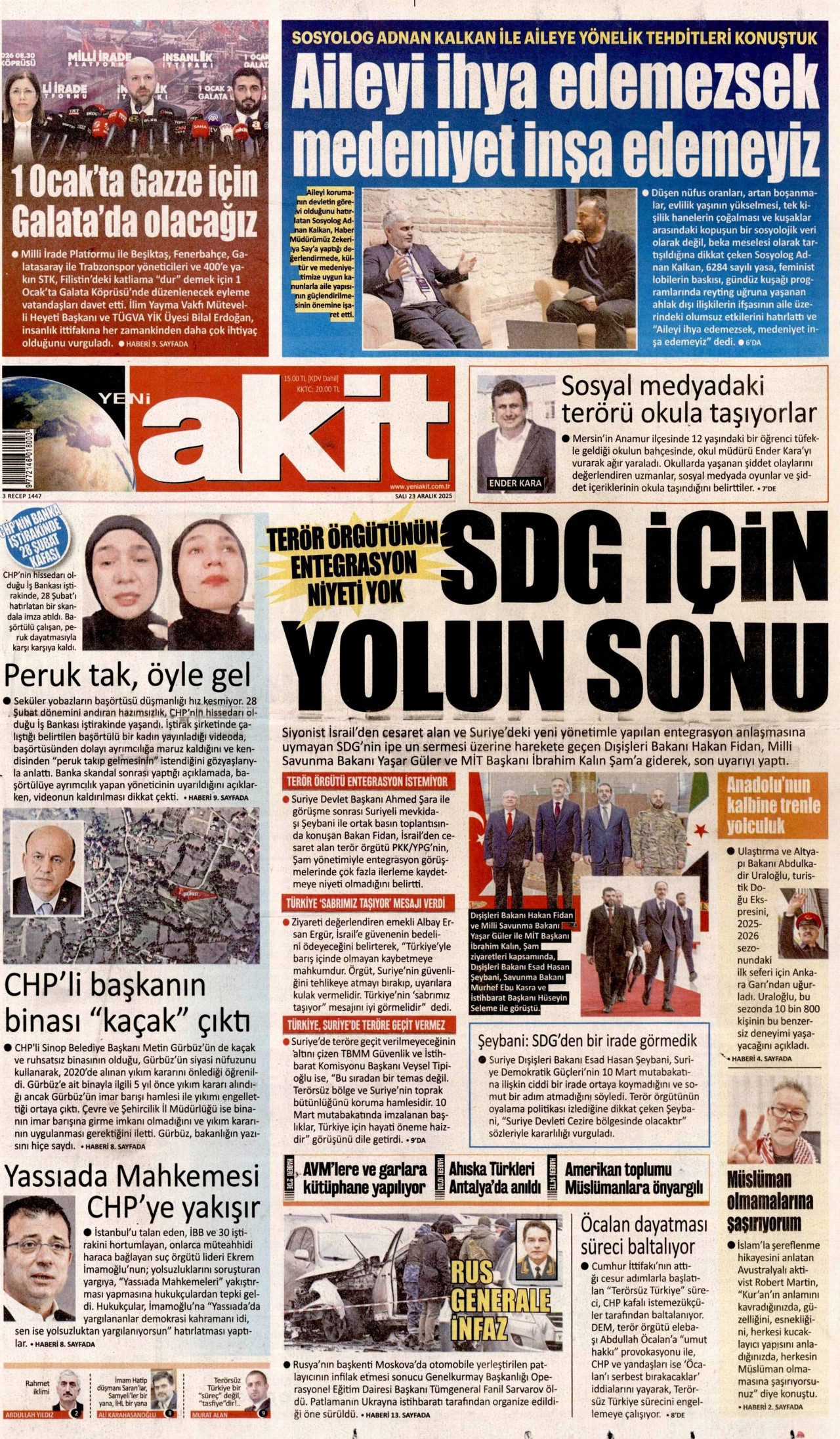 YENİ AKİT gazetesinin 23 Aralık 2025 tarihli birinci sayfası