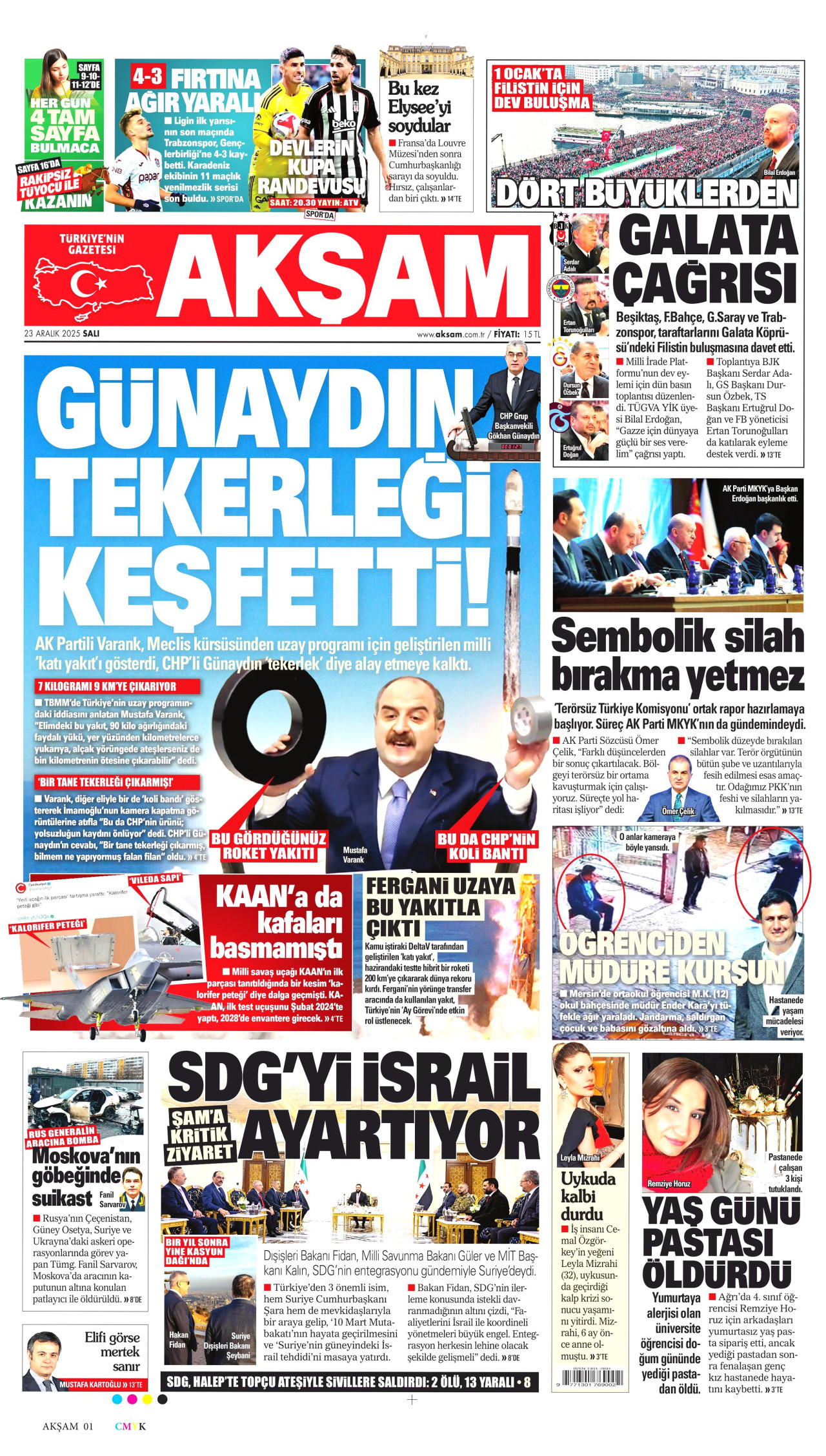 AKŞAM gazetesinin 23 Aralık 2025 tarihli birinci sayfası