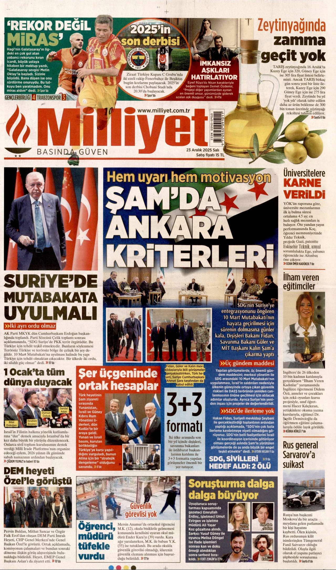 MİLLİYET gazetesinin 23 Aralık 2025 tarihli birinci sayfası