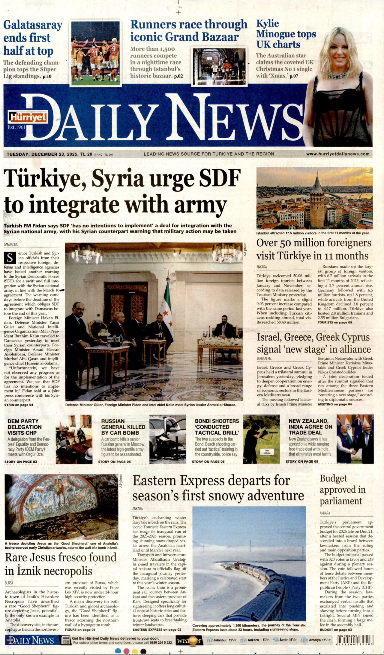 HÜRRİYET DAİLY NEWS gazetesinin 23 Aralık 2025 tarihli birinci sayfası