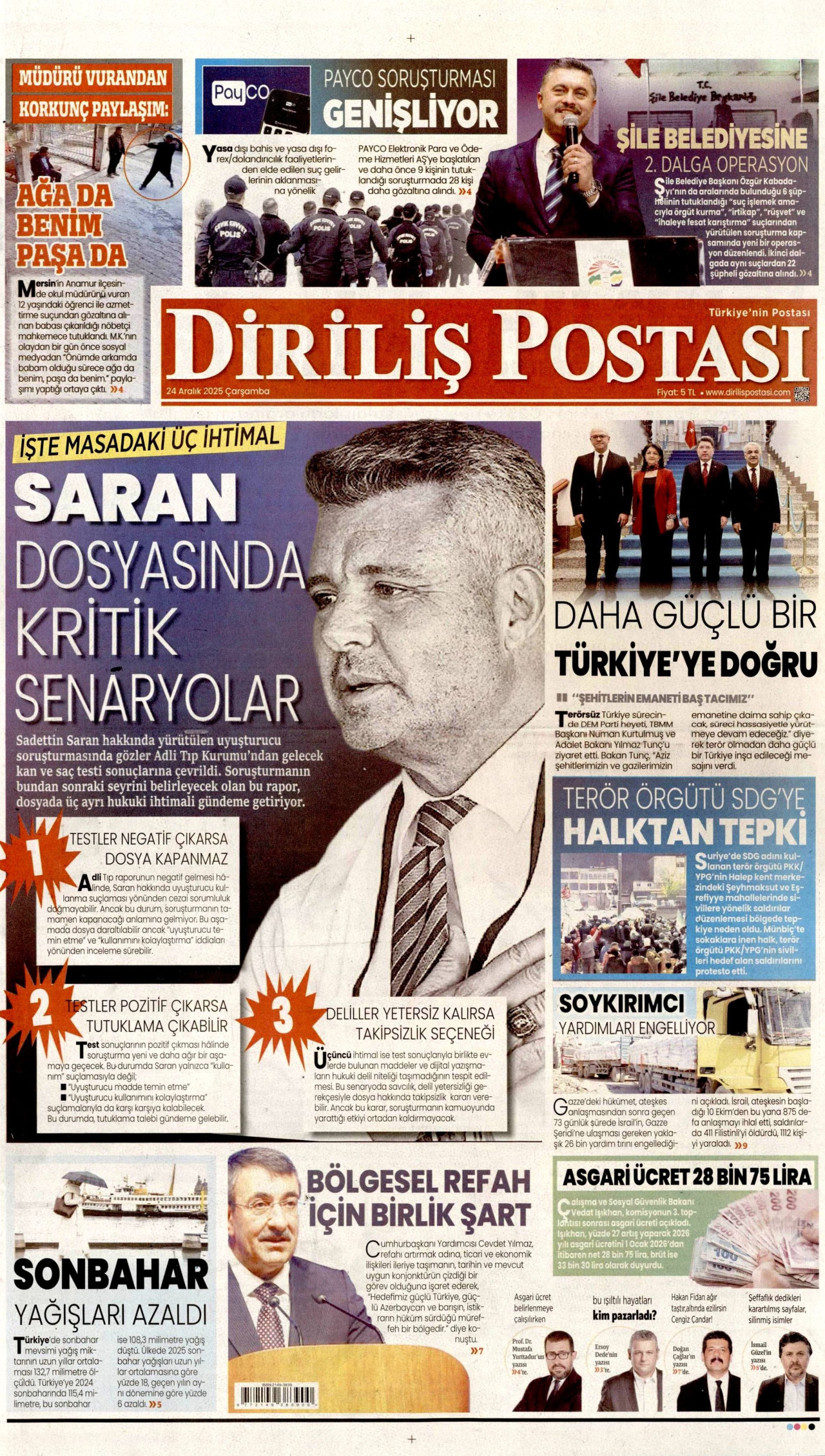 DİRİLİŞ POSTASI gazetesinin 24 Aralık 2025 tarihli birinci sayfası
