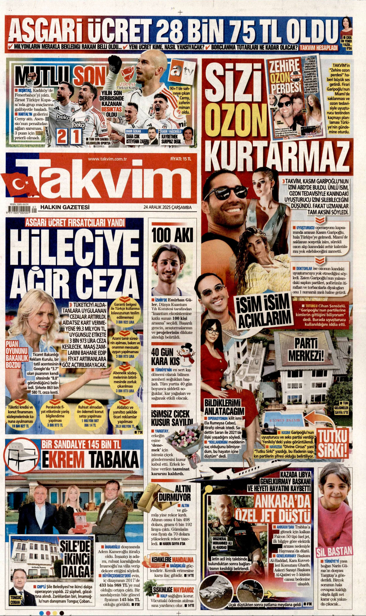 TAKVİM gazetesinin 24 Aralık 2025 tarihli birinci sayfası