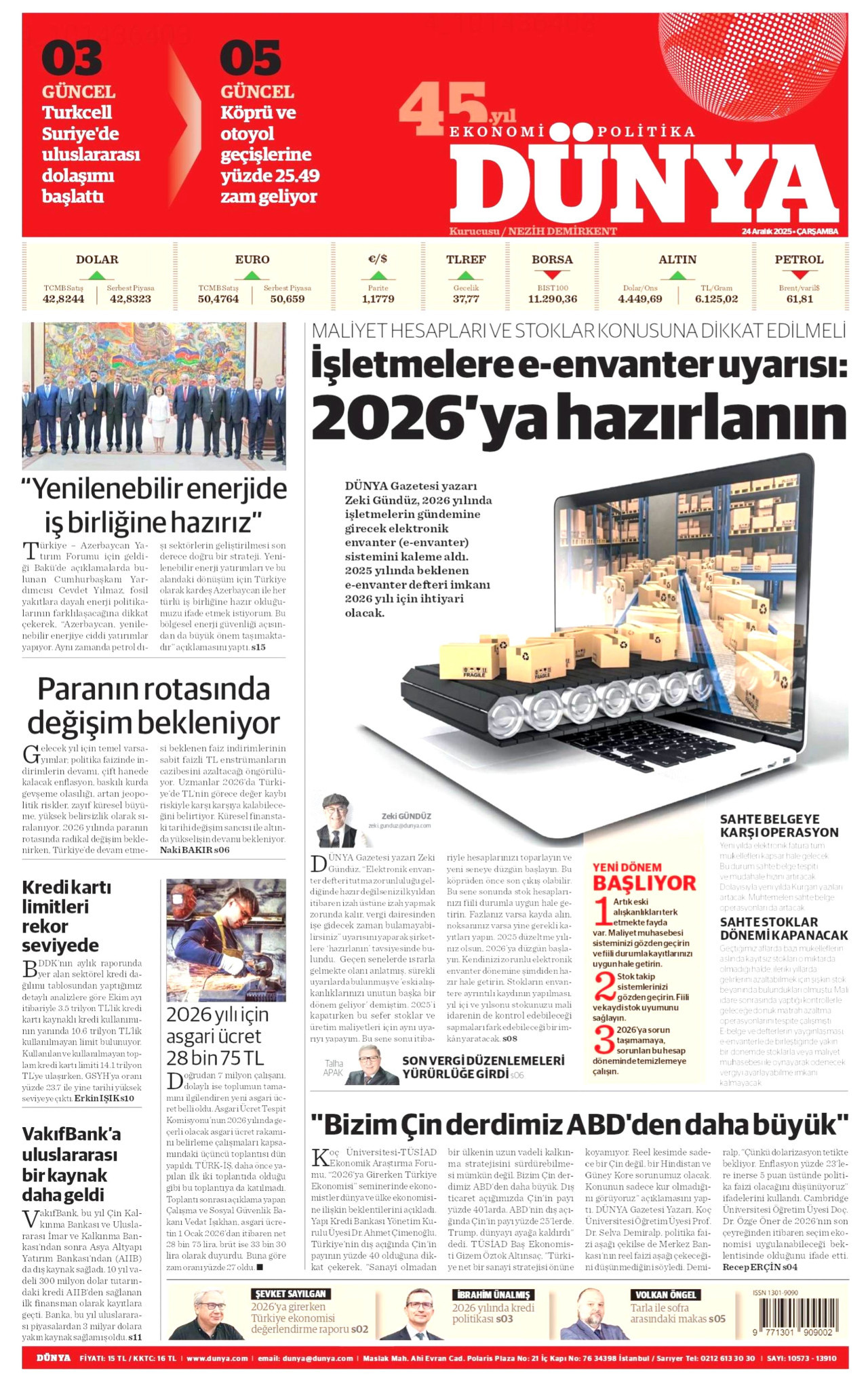 DÜNYA gazetesinin 24 Aralık 2025 tarihli birinci sayfası