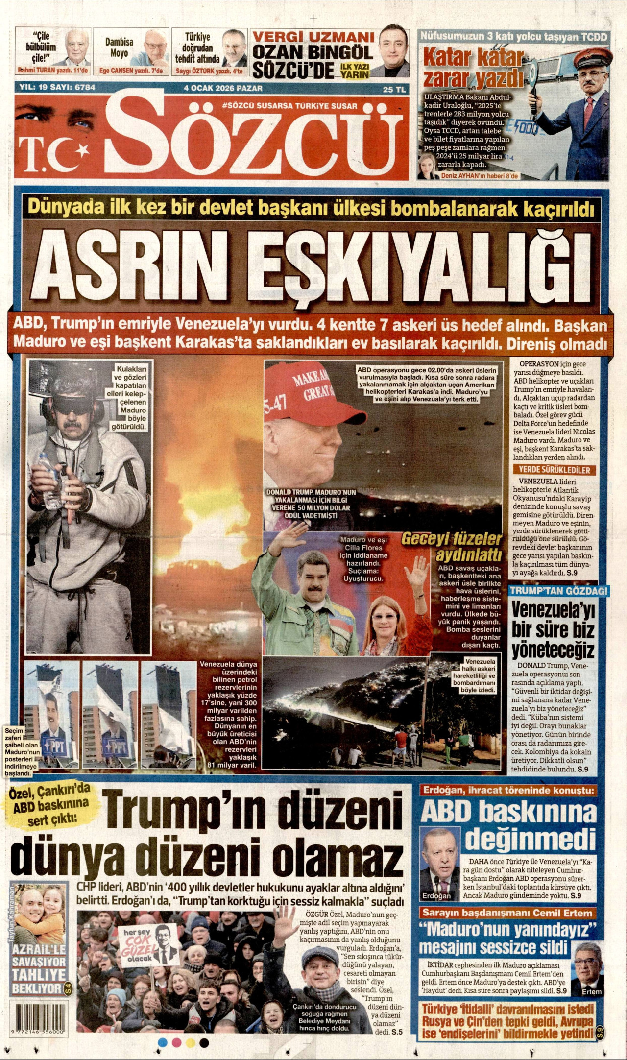 SÖZCÜ gazetesinin 4 Ocak 2026 tarihli birinci sayfası