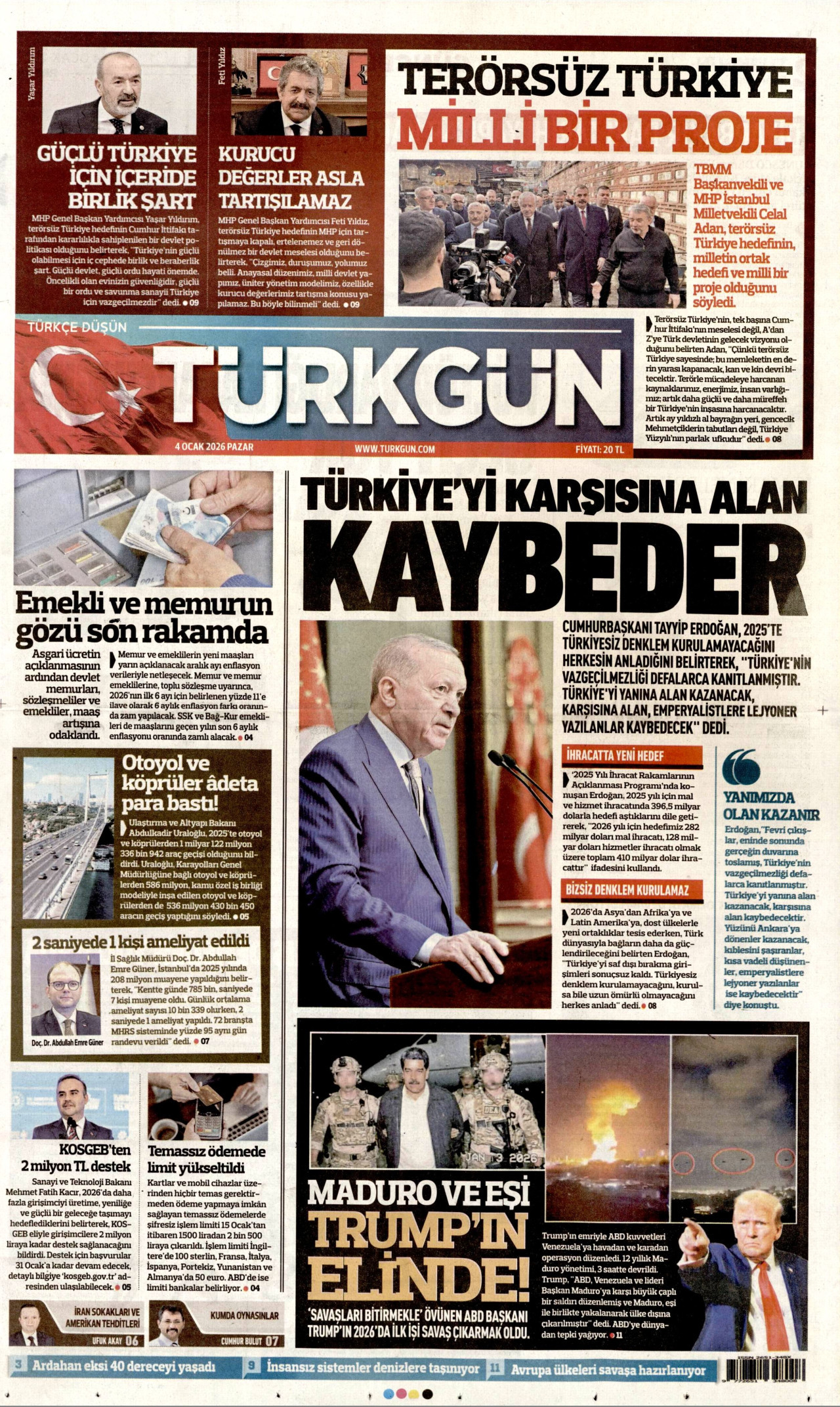 TÜRKGÜN gazetesinin 4 Ocak 2026 tarihli birinci sayfası
