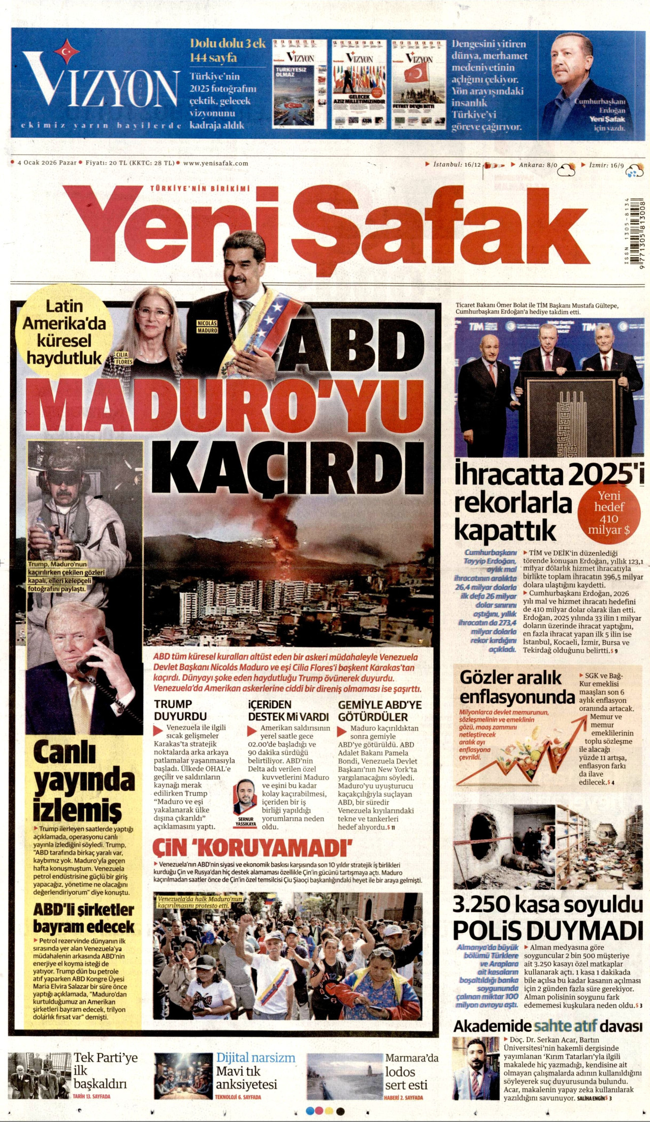YENİ ŞAFAK gazetesinin 4 Ocak 2026 tarihli birinci sayfası