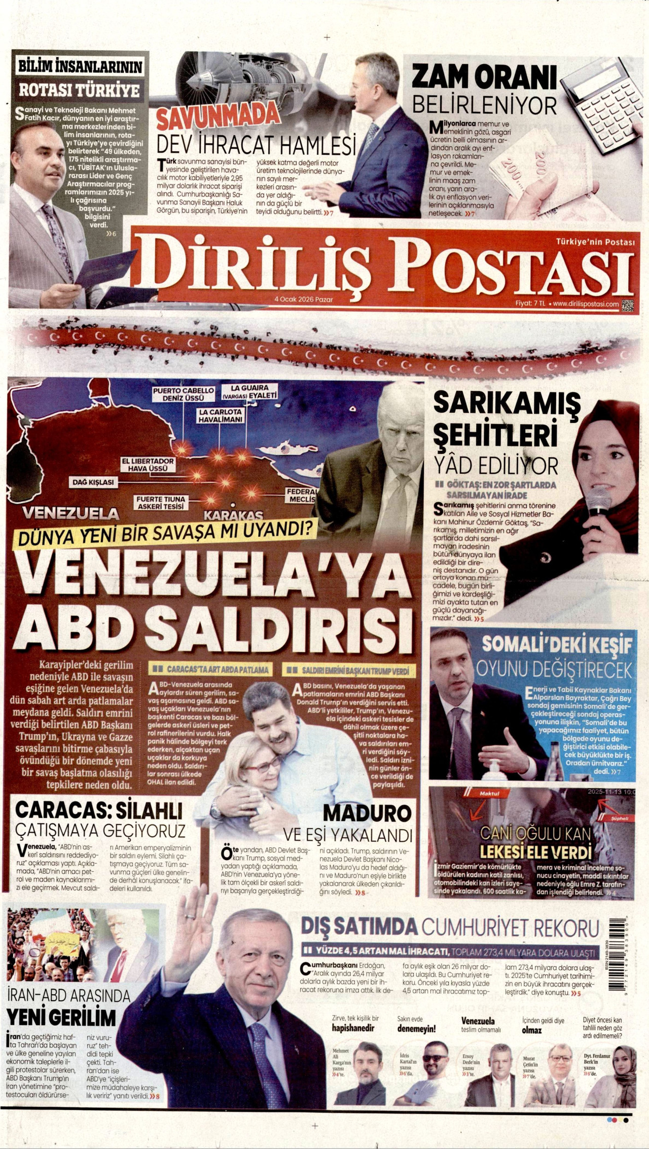 DİRİLİŞ POSTASI gazetesinin 4 Ocak 2026 tarihli birinci sayfası