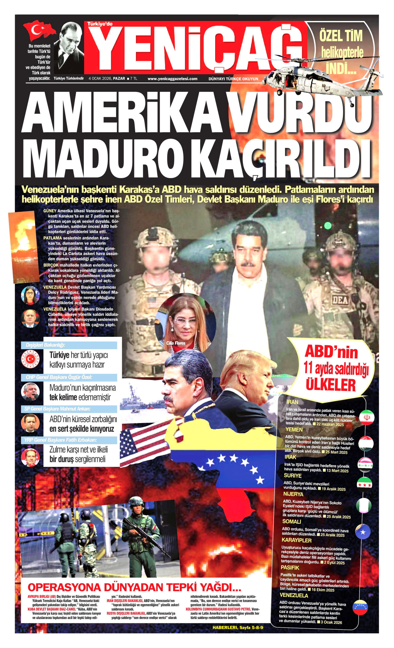 YENİÇAĞ gazetesinin 4 Ocak 2026 tarihli birinci sayfası