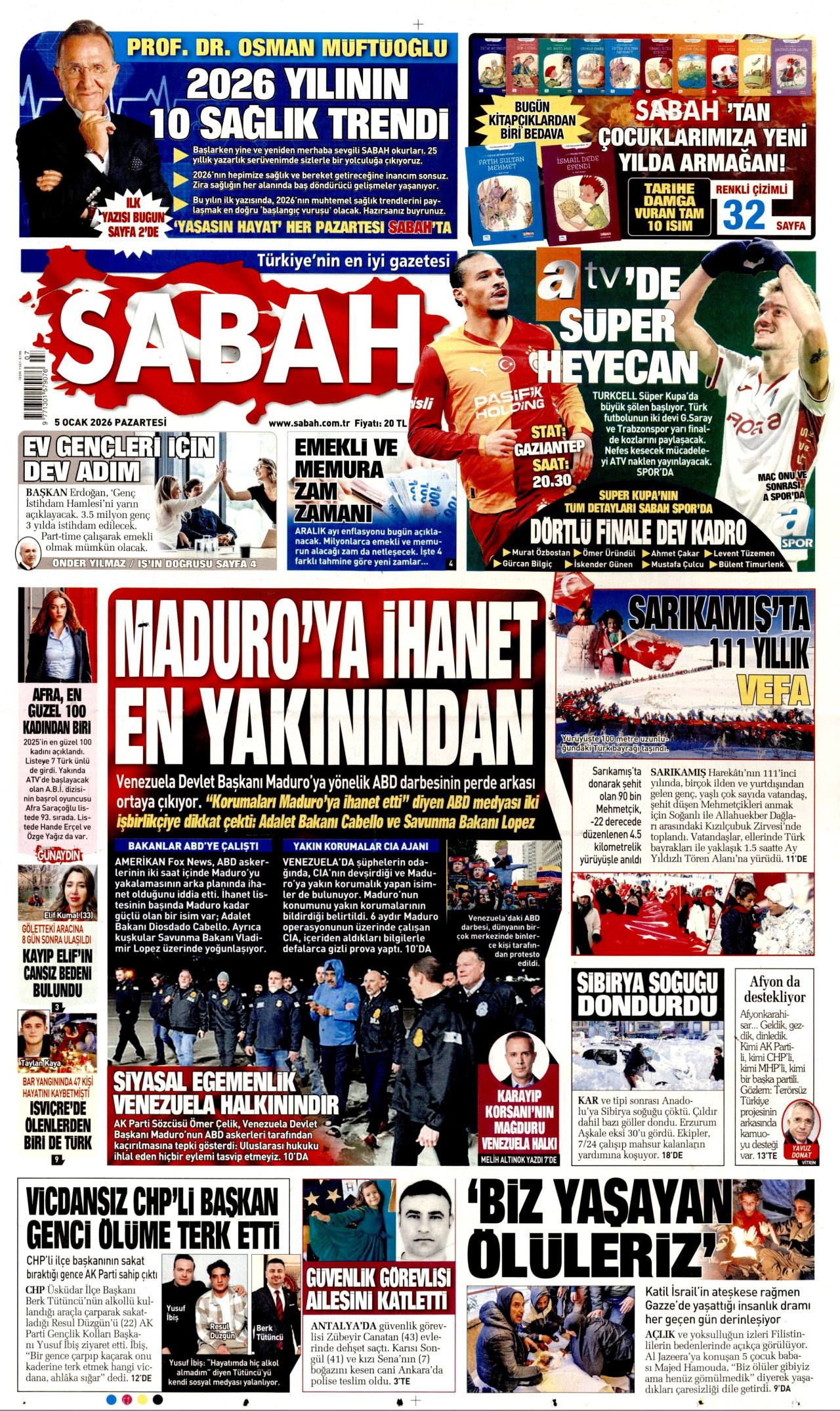 SABAH gazetesinin 5 Ocak 2026 tarihli birinci sayfası
