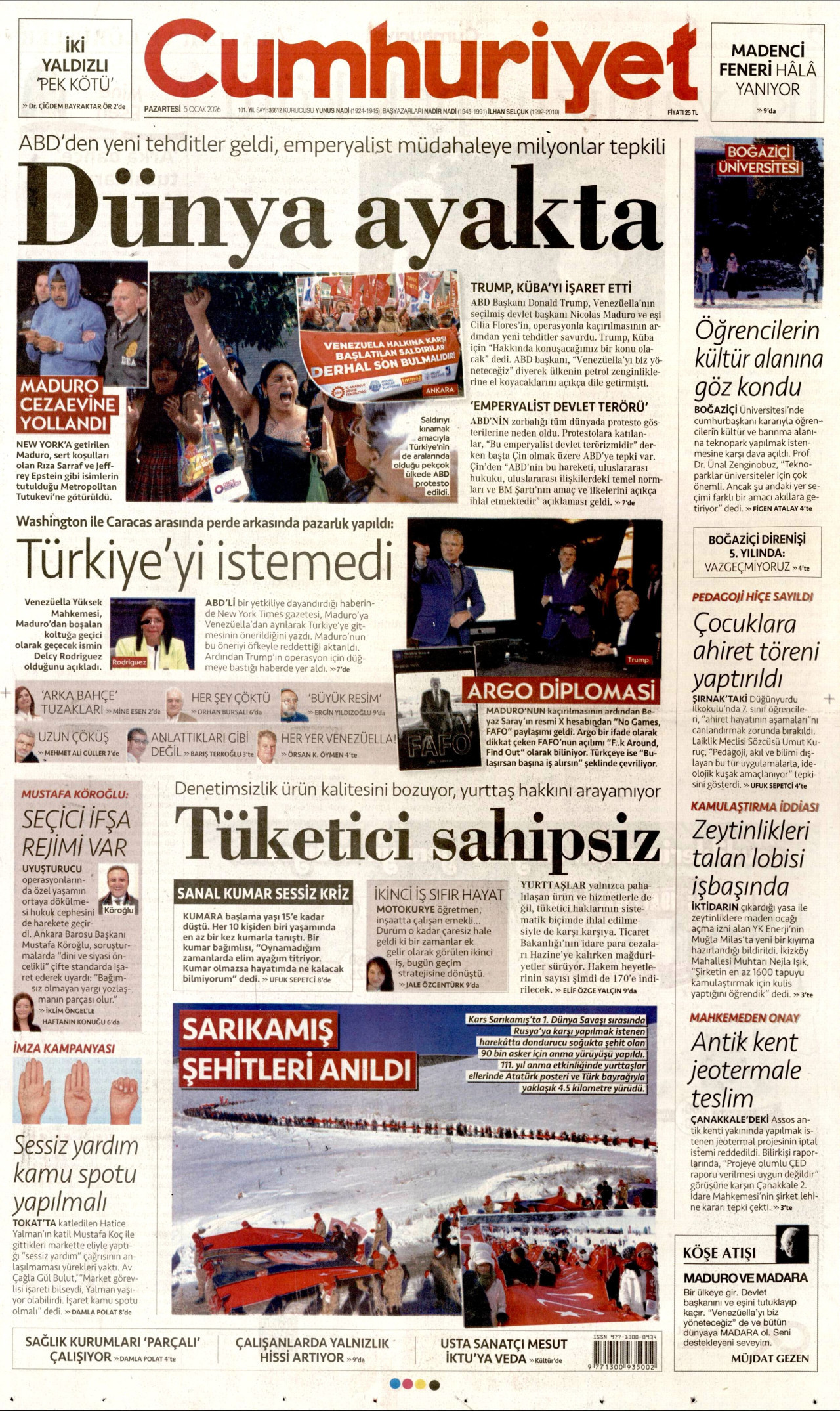CUMHURİYET gazetesinin 5 Ocak 2026 tarihli birinci sayfası