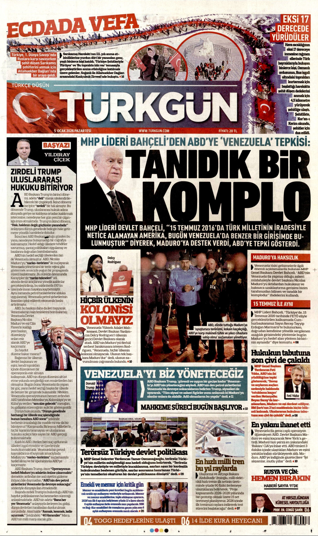 TÜRKGÜN gazetesinin 5 Ocak 2026 tarihli birinci sayfası