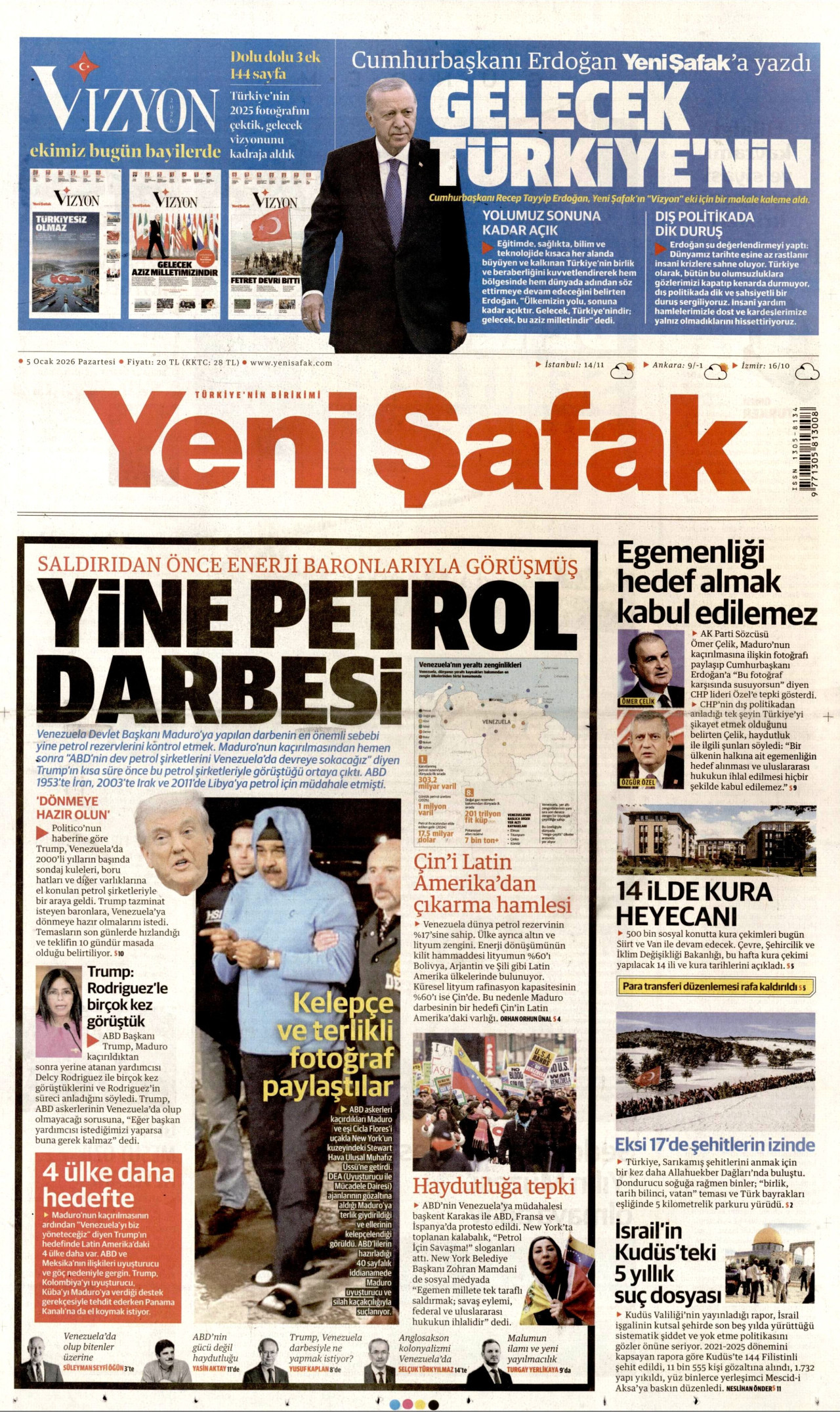 YENİ ŞAFAK gazetesinin 5 Ocak 2026 tarihli birinci sayfası