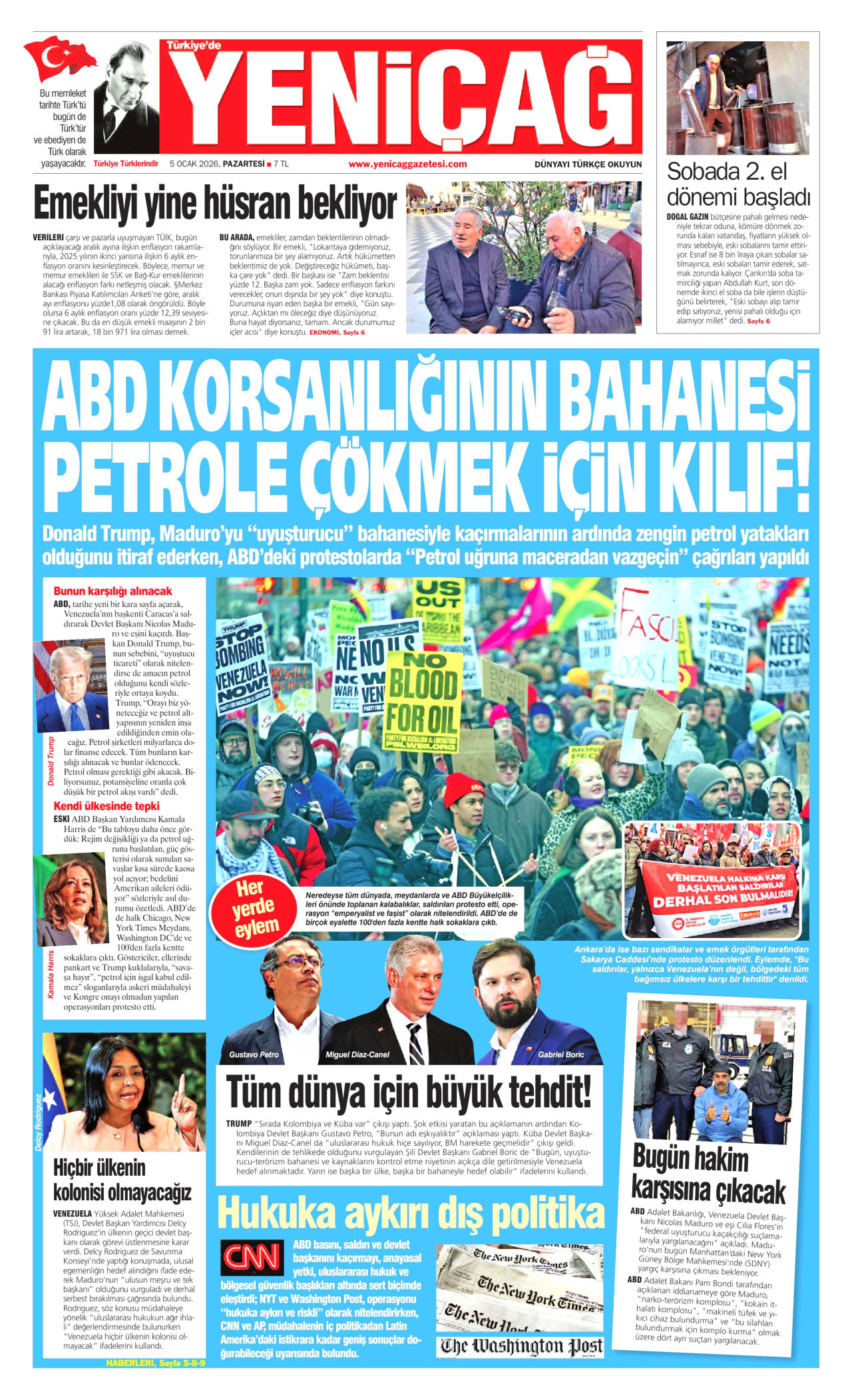 YENİÇAĞ gazetesinin 5 Ocak 2026 tarihli birinci sayfası