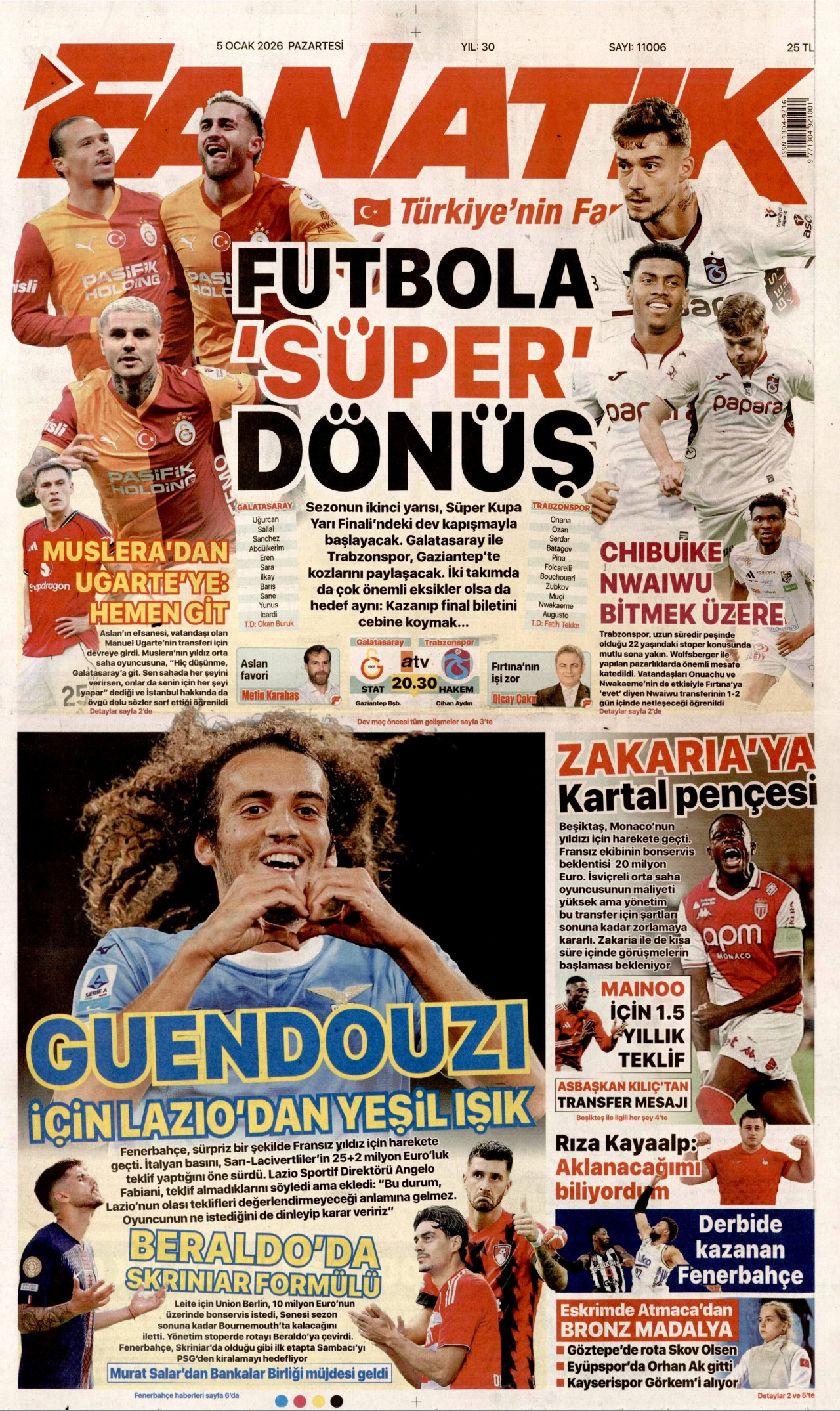 FANATİK gazetesinin 5 Ocak 2026 tarihli birinci sayfası
