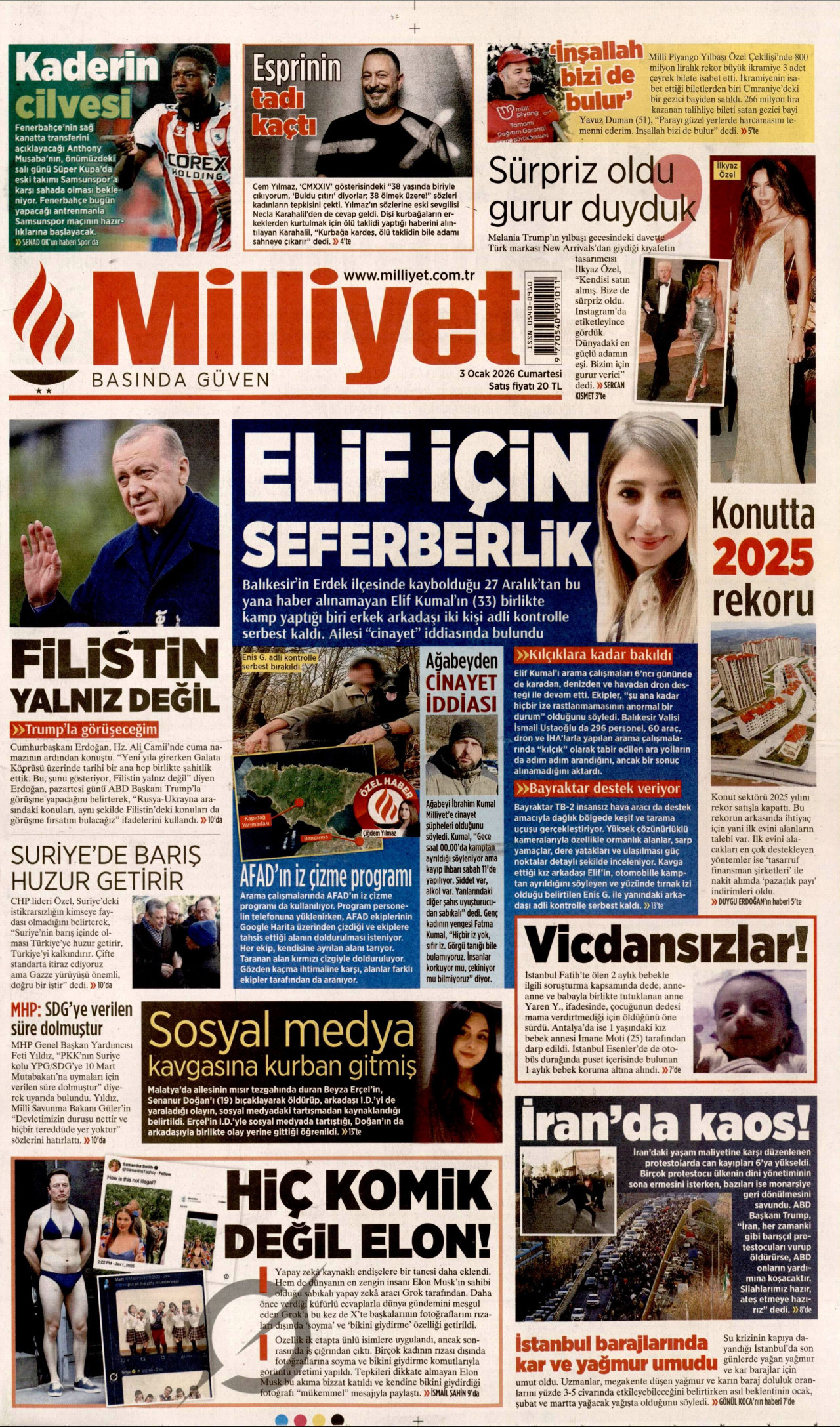 MİLLİYET gazetesinin 3 Ocak 2026 tarihli birinci sayfası