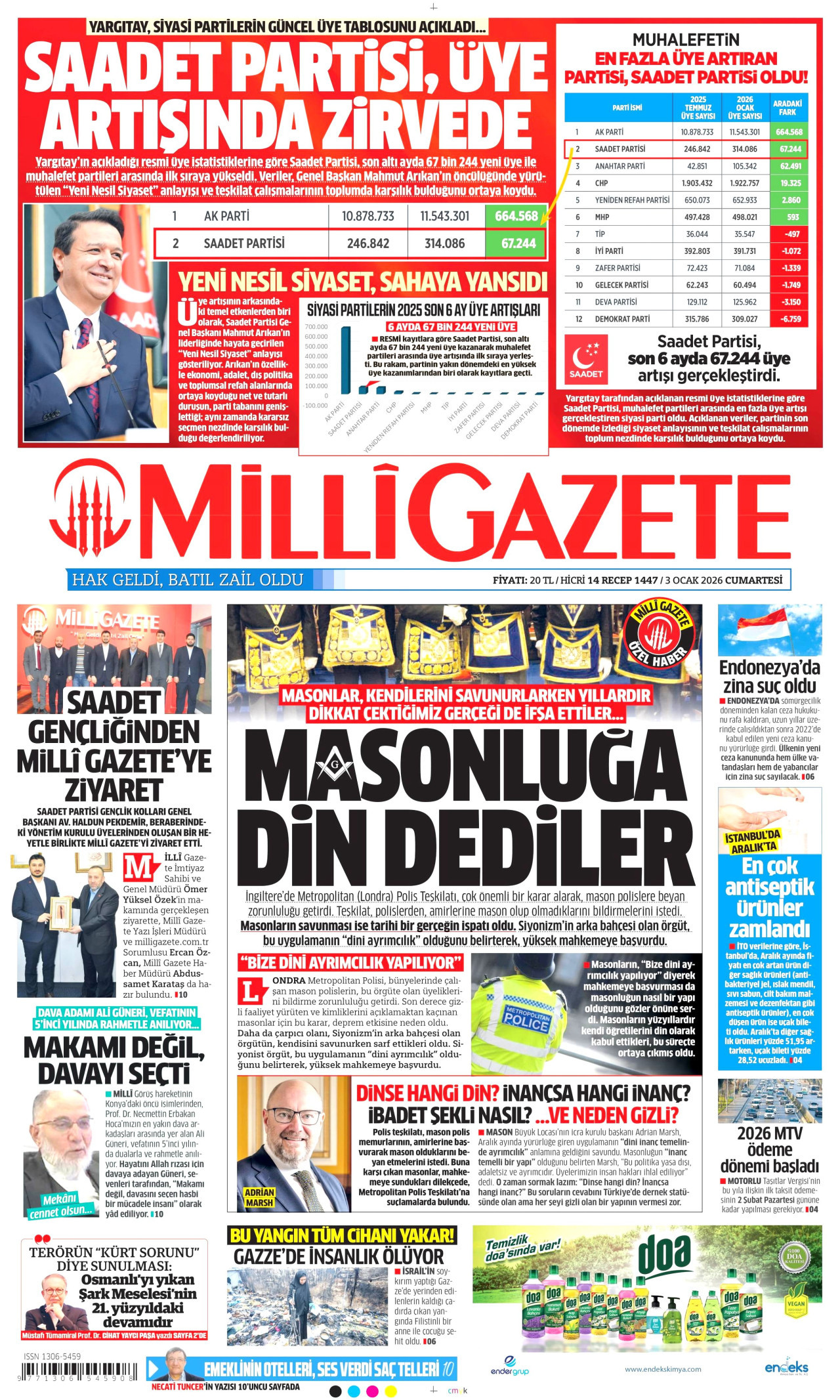 MİLLİ GAZETE gazetesinin 3 Ocak 2026 tarihli birinci sayfası