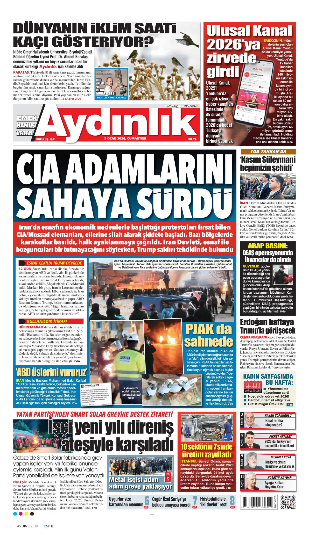 AYDINLIK GAZETESİ gazetesinin 3 Ocak 2026 tarihli birinci sayfası