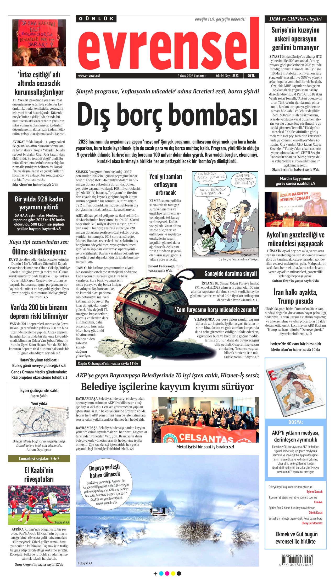 EVRENSEL gazetesinin 3 Ocak 2026 tarihli birinci sayfası