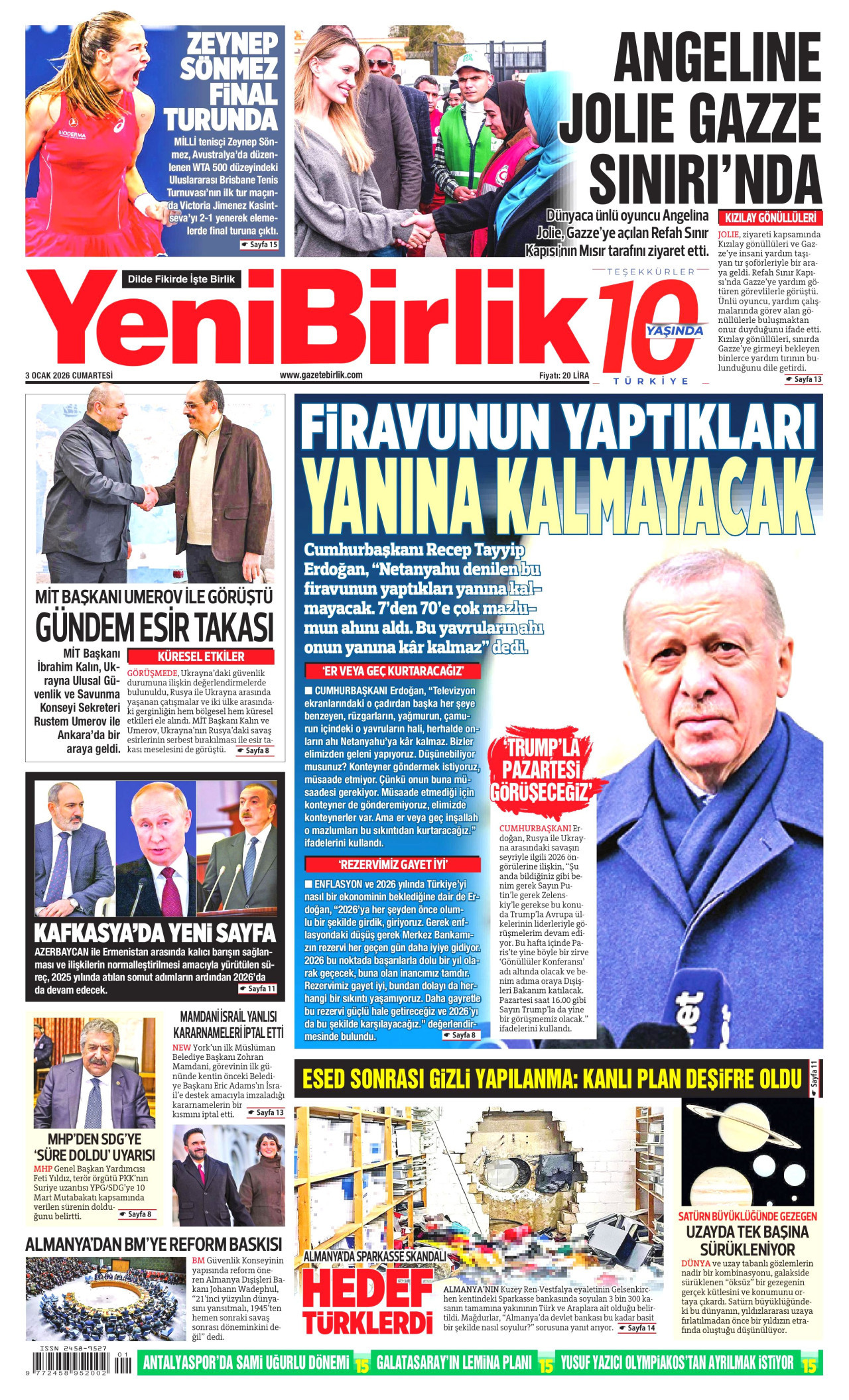 YENİBİRLİK gazetesinin 3 Ocak 2026 tarihli birinci sayfası