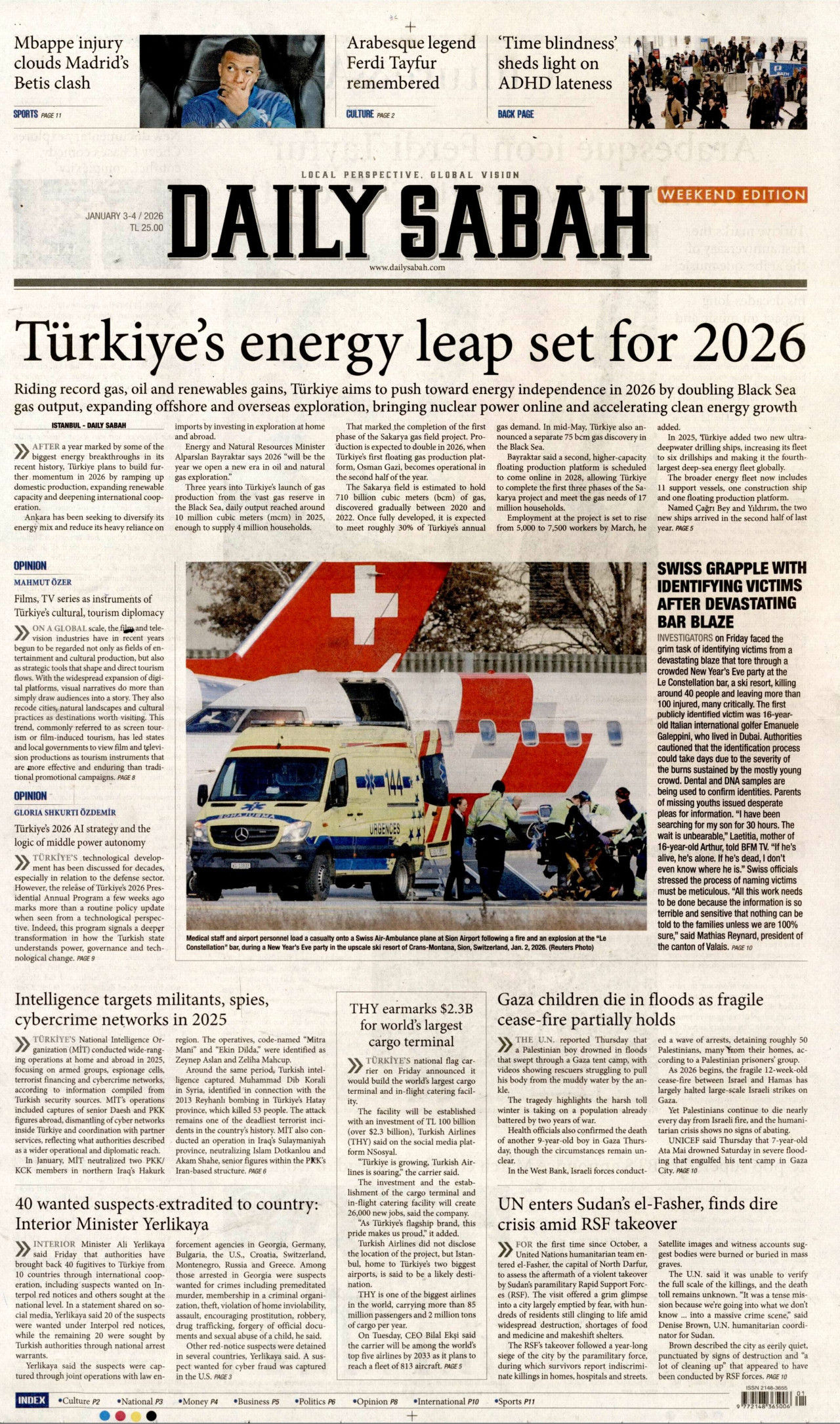 DAİLY SABAH gazetesinin 3 Ocak 2026 tarihli birinci sayfası