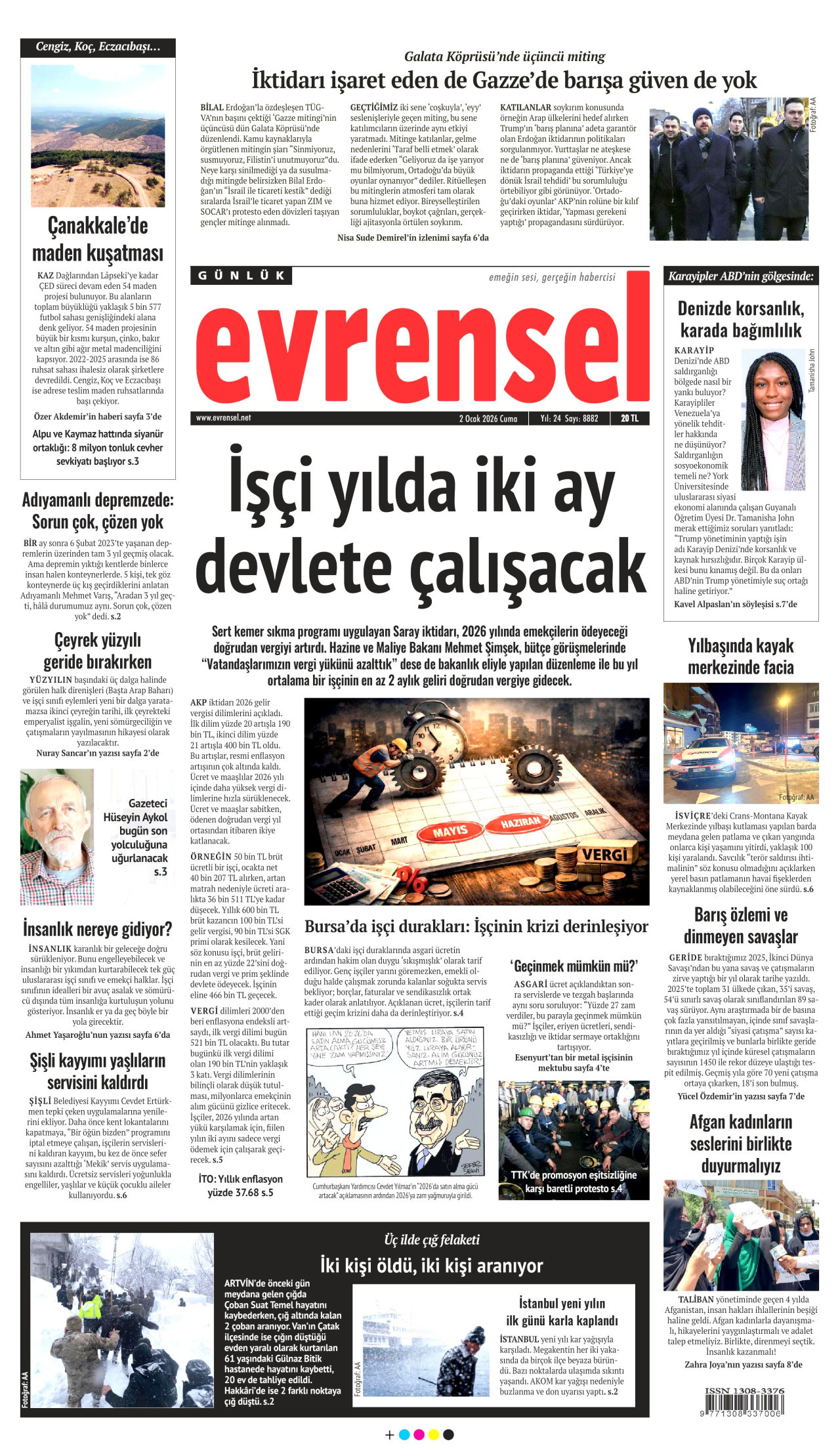 EVRENSEL gazetesinin 2 Ocak 2026 tarihli birinci sayfası