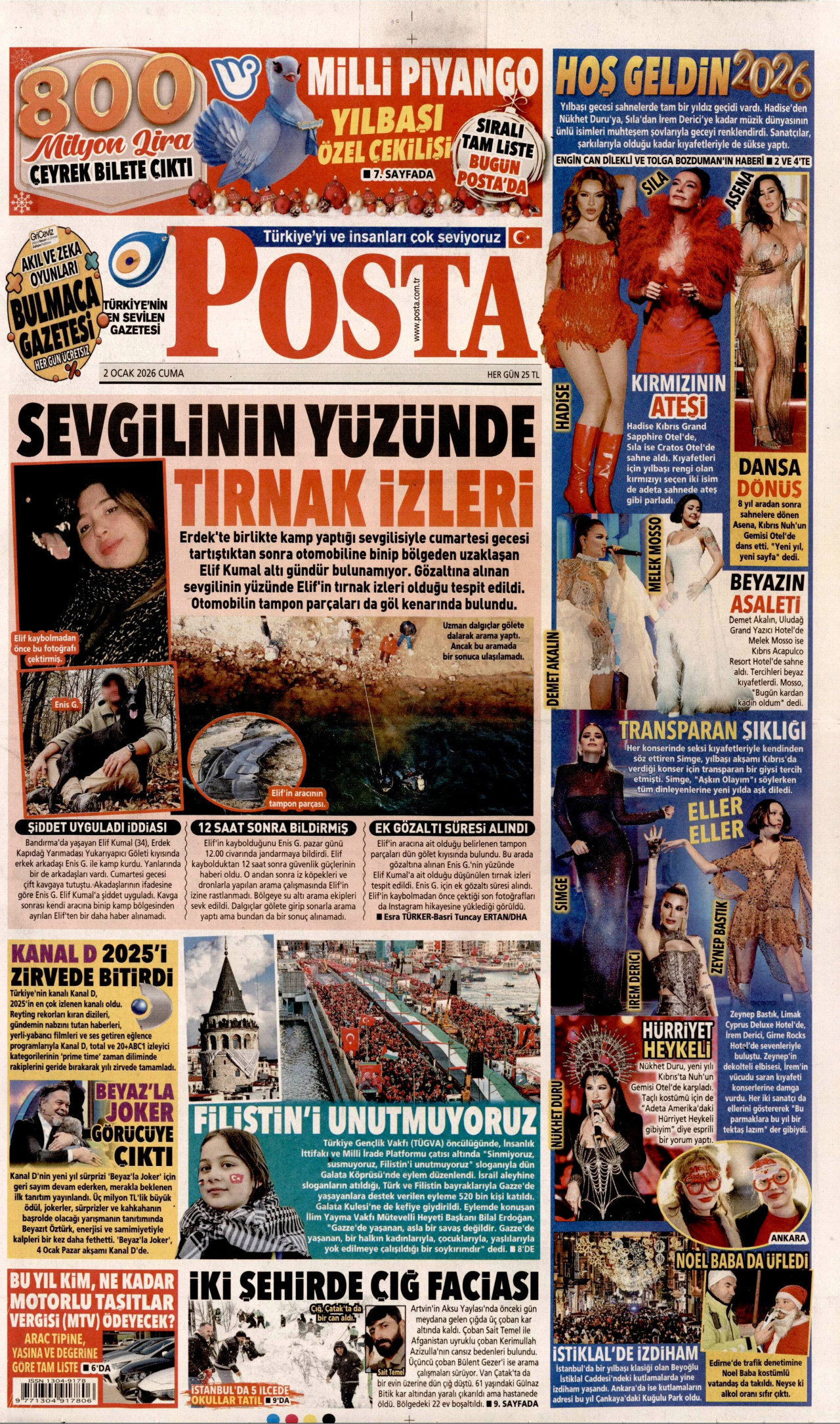 POSTA gazetesinin 2 Ocak 2026 tarihli birinci sayfası