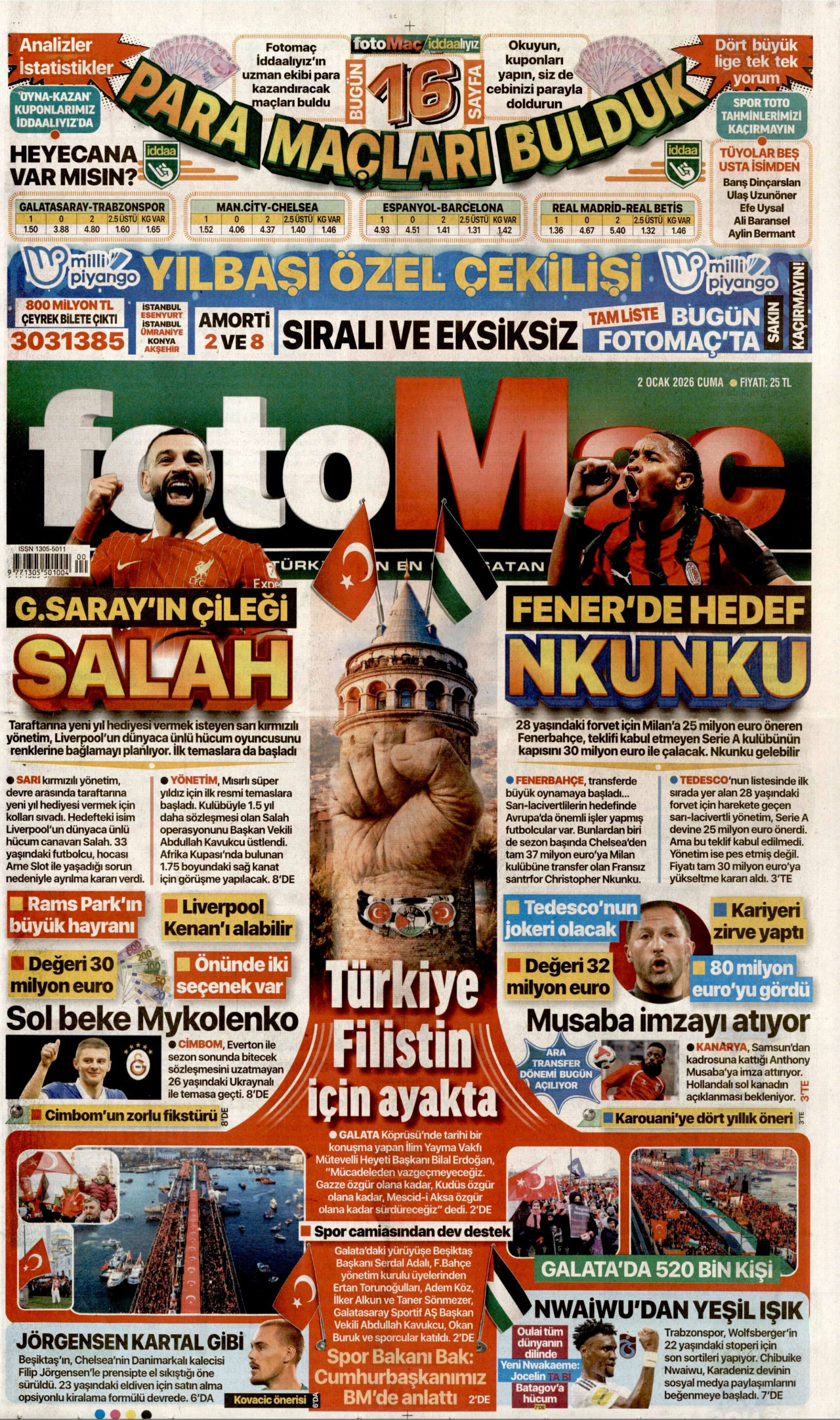 FOTOMAÇ gazetesinin 2 Ocak 2026 tarihli birinci sayfası