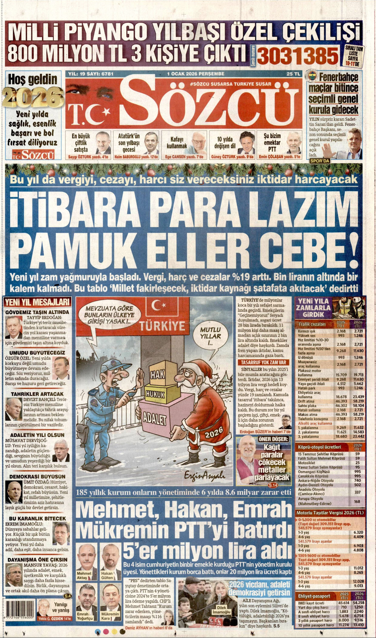SÖZCÜ gazetesinin 1 Ocak 2026 tarihli birinci sayfası