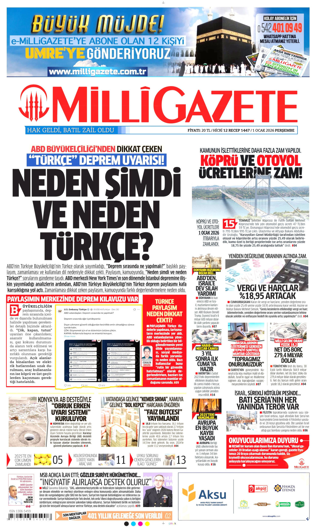 MİLLİ GAZETE gazetesinin 1 Ocak 2026 tarihli birinci sayfası